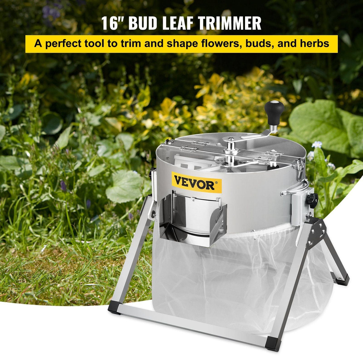 Bud Leaf Trimmer, 16 inch Manual, Hydroponic Dry or Wet Plant Trimming Machine w/Sharp Stainless Steel Blades & Solid Metal Gearbox & Hand Pruner, Twisted Spin Cut for Herbs, Leaves, Silver