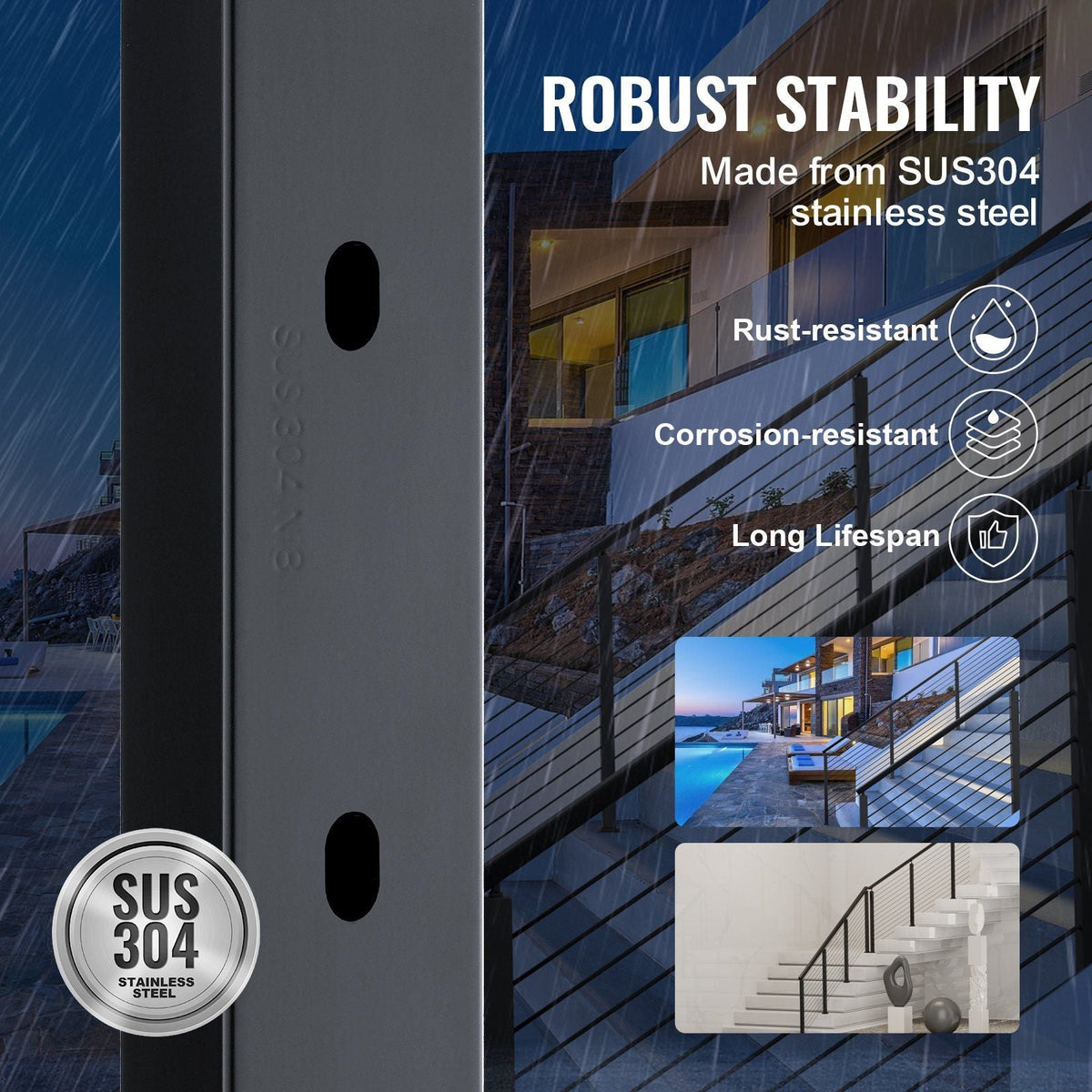 Cable Railing Post, 36" x 1" x 2" Steel 30° Angled Hole Stair Railing Post, 10 Pre-Drilled Holes, SUS304 Stainless Steel Cable Rail Post with Horizontal and Curved Bracket, 1-Pack, Black