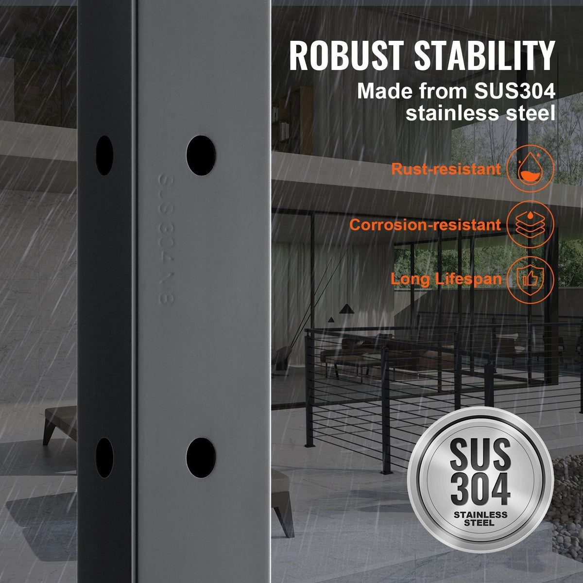 Cable Railing Post, 36" x 1" x 2" Steel L-Shaped Hole Corner Railing Post, 10 Pre-Drilled Holes, SUS304 Stainless Steel Cable Rail Post with Horizontal and Curved Bracket, 1-Pack, Black