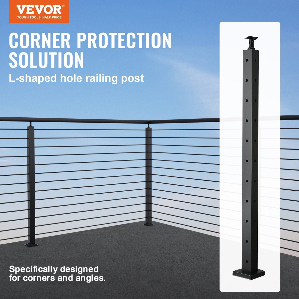 Cable Railing Post, 36" x 1" x 2" Steel L-Shaped Hole Corner Railing Post, 10 Pre-Drilled Holes, SUS304 Stainless Steel Cable Rail Post with Horizontal and Curved Bracket, 1-Pack, Black