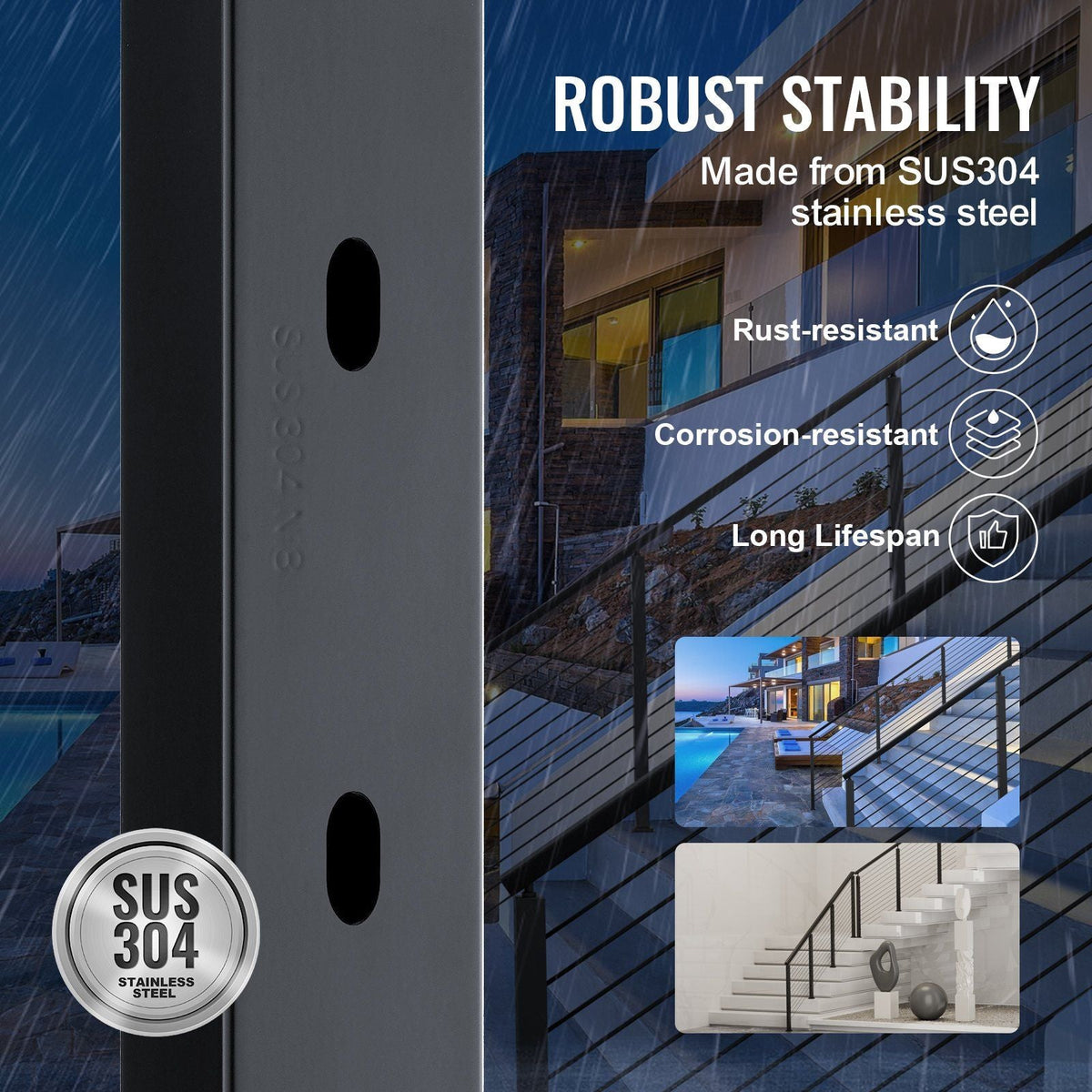 Cable Railing Post, 36" x 2" x 2" Steel 30° Angled Hole Stair Railing Post, 10 Pre-Drilled Holes, SUS304 Stainless Steel Cable Rail Post with Horizontal and Curved Bracket, 1-Pack, Black