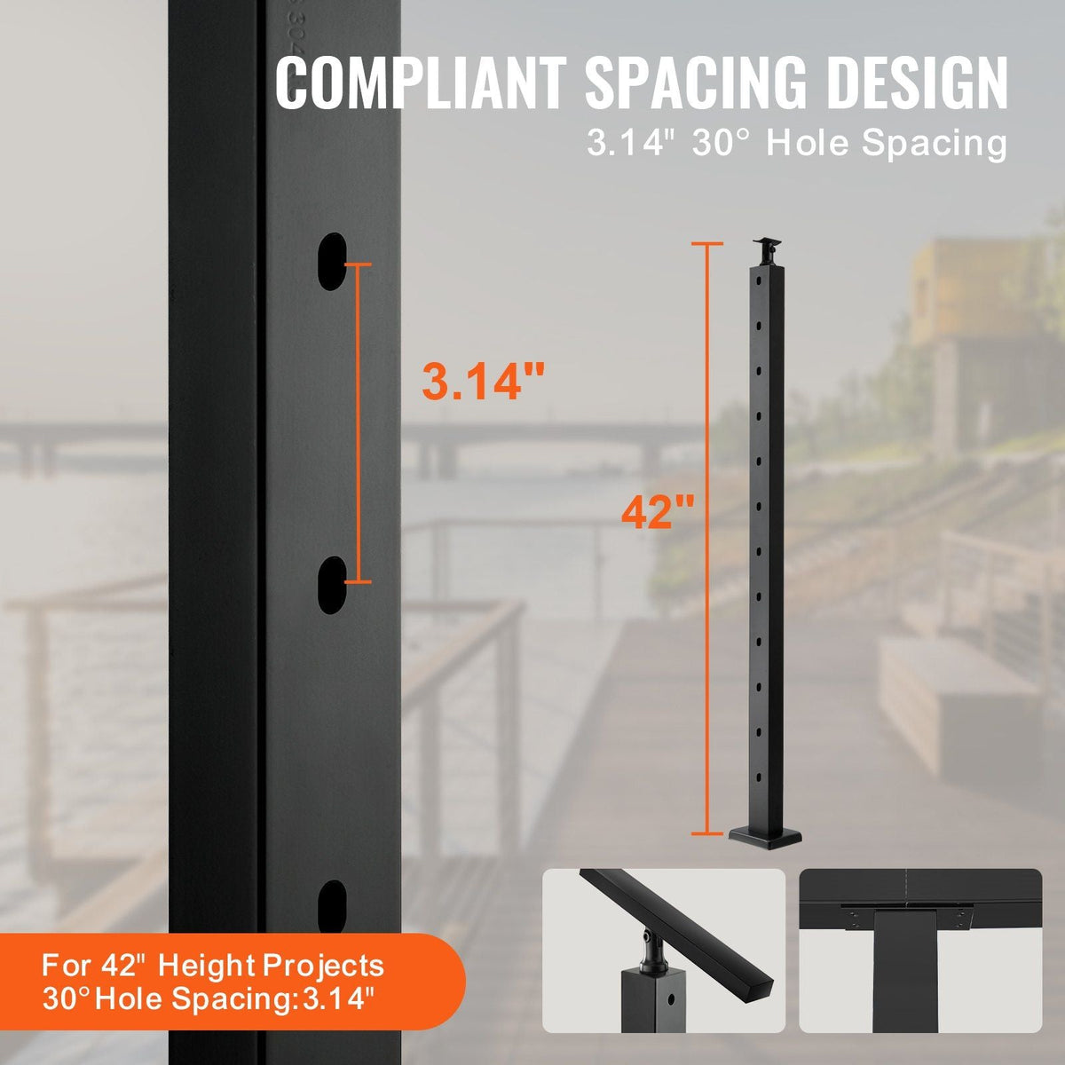 Cable Railing Post, 42" x 1" x 2" Steel 30° Angled Hole Stair Railing Post, 12 Pre-Drilled Holes, SUS304 Stainless Steel Cable Rail Post with Horizontal and Curved Bracket, 1-Pack, Black