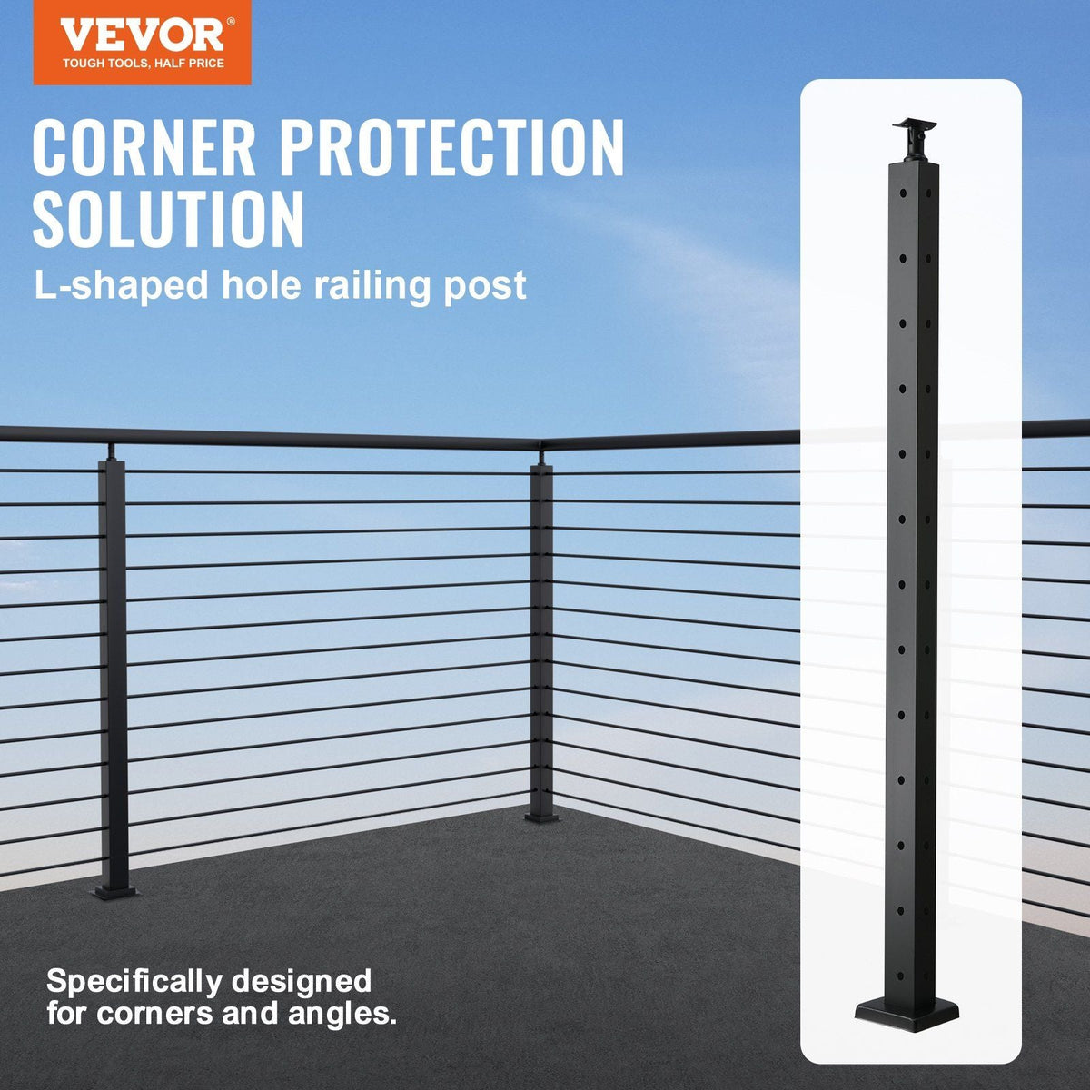 Cable Railing Post, 42" x 1" x 2" Steel L-Shaped Hole Corner Railing Post, 12 Pre-Drilled Holes, SUS304 Stainless Steel Cable Rail Post with Horizontal and Curved Bracket, 1-Pack, Black
