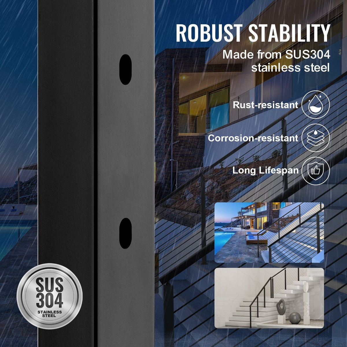 Cable Railing Post, 42" x 2" x 2" Steel 30° Angled Hole Stair Railing Post, 12 Pre-Drilled Holes, SUS304 Stainless Steel Cable Rail Post with Horizontal and Curved Bracket, 1-Pack, Black
