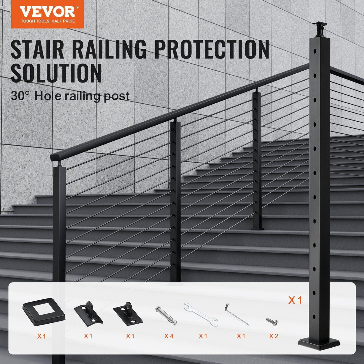 Cable Railing Post, 42" x 2" x 2" Steel 30° Angled Hole Stair Railing Post, 12 Pre-Drilled Holes, SUS304 Stainless Steel Cable Rail Post with Horizontal and Curved Bracket, 1-Pack, Black