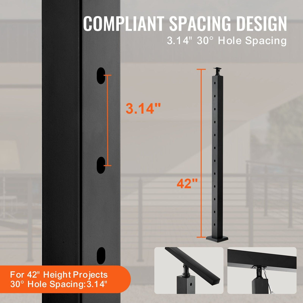Cable Railing Post, 42" x 2" x 2" Steel 30° Angled Hole Stair Railing Post, 12 Pre-Drilled Holes, SUS304 Stainless Steel Cable Rail Post with Horizontal and Curved Bracket, 1-Pack, Black