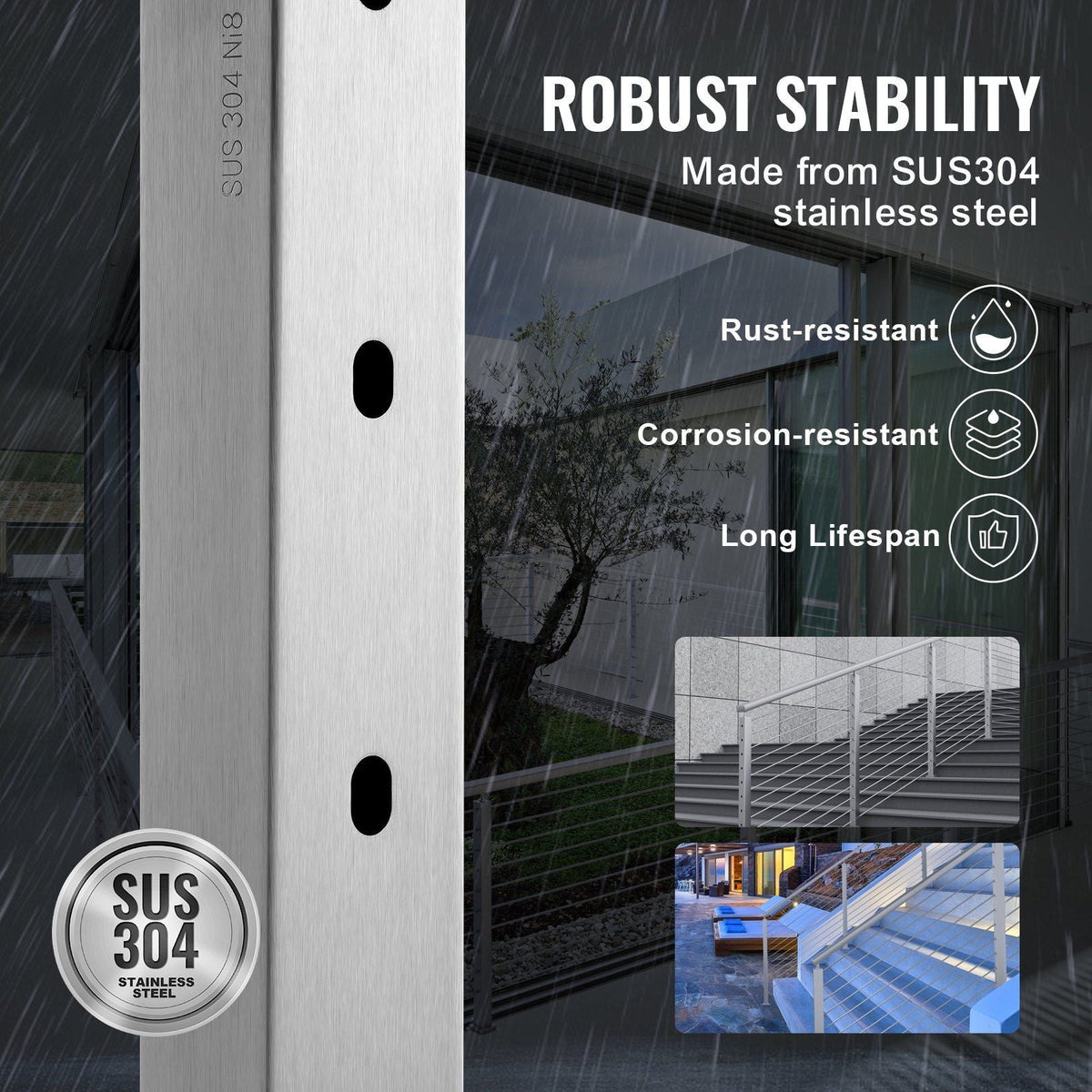 Cable Railing Post Level Deck Stair Post 36 x 0.98 x 1.97" Cable Handrail Post Stainless Steel Wire Drawing Deck Railing Pre-Drilled Pickets with Mounting Bracket Stair Railing Kit Silver