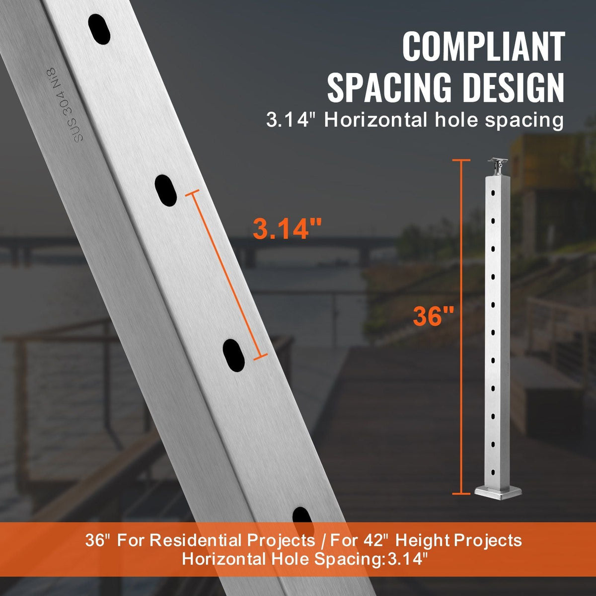 Cable Railing Post Level Deck Stair Post 36 x 0.98 x 1.97" Cable Handrail Post Stainless Steel Wire Drawing Deck Railing Pre-Drilled Pickets with Mounting Bracket Stair Railing Kit Silver