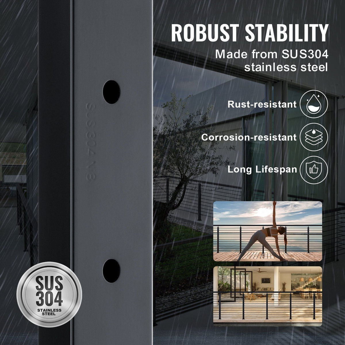 Cable Railing Post Level Deck Stair Post 42 x 1.97 x 1.97" Cable Handrail Post Stainless Steel Brushed Finishing Deck Railing Pre-Drilled Pickets with Mounting Bracket Stair Railing Kit Black