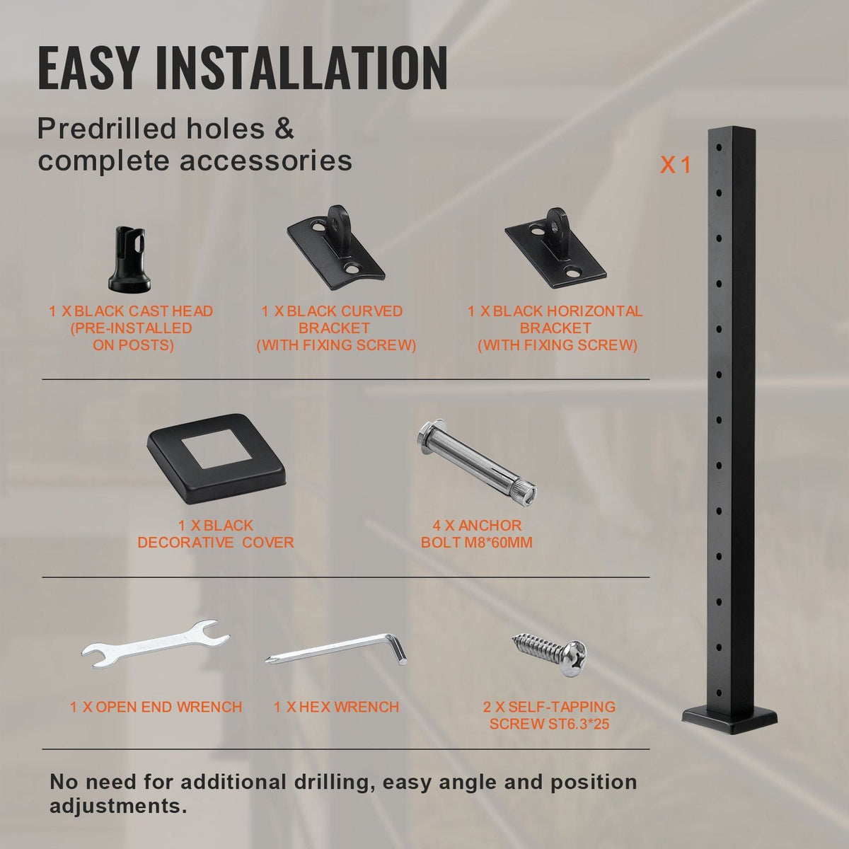 Cable Railing Post Level Deck Stair Post 42 x 1.97 x 1.97" Cable Handrail Post Stainless Steel Brushed Finishing Deck Railing Pre-Drilled Pickets with Mounting Bracket Stair Railing Kit Black