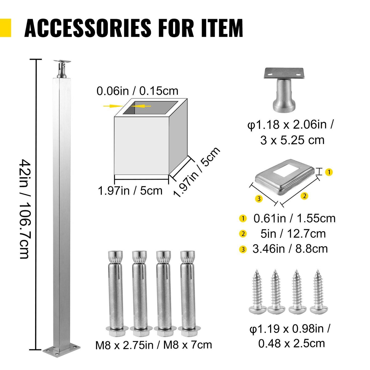 Cable Railing Post Level Deck Stair Post 42 x 1.97 x 1.97" Cable Handrail Post Stainless Steel Wire Drawing Deck Railing DIY Picket Without Hole Stair Railing Kit With Mount Bracket Sliver