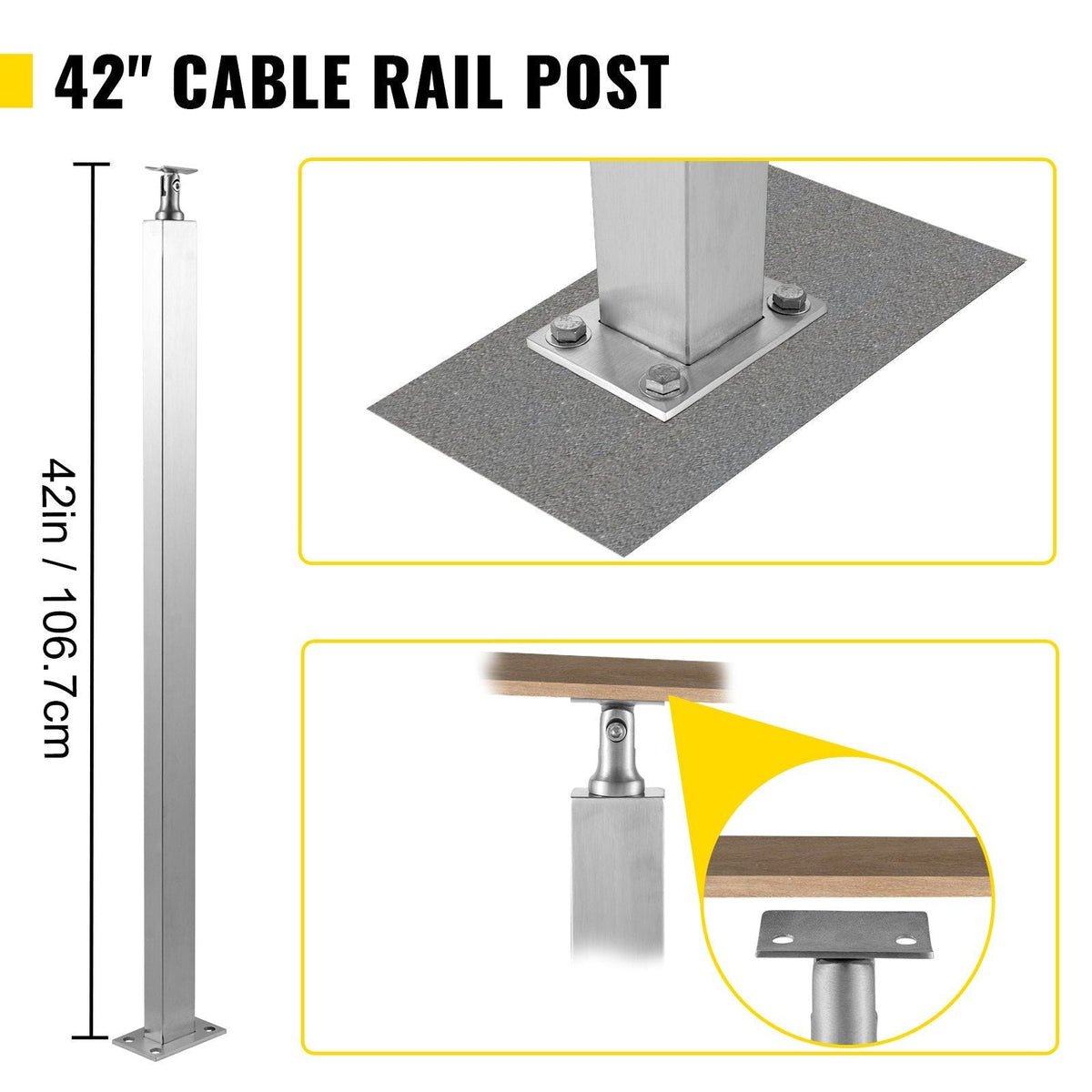 Cable Railing Post Level Deck Stair Post 42 x 1.97 x 1.97" Cable Handrail Post Stainless Steel Wire Drawing Deck Railing DIY Picket Without Hole Stair Railing Kit With Mount Bracket Sliver