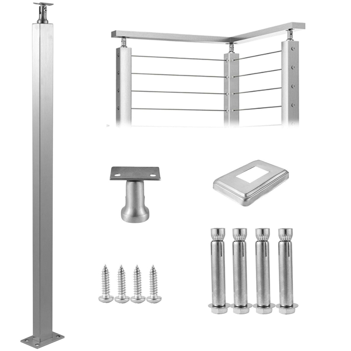 Cable Railing Post Level Deck Stair Post 42 x 1.97 x 1.97" Cable Handrail Post Stainless Steel Wire Drawing Deck Railing DIY Picket Without Hole Stair Railing Kit With Mount Bracket Sliver