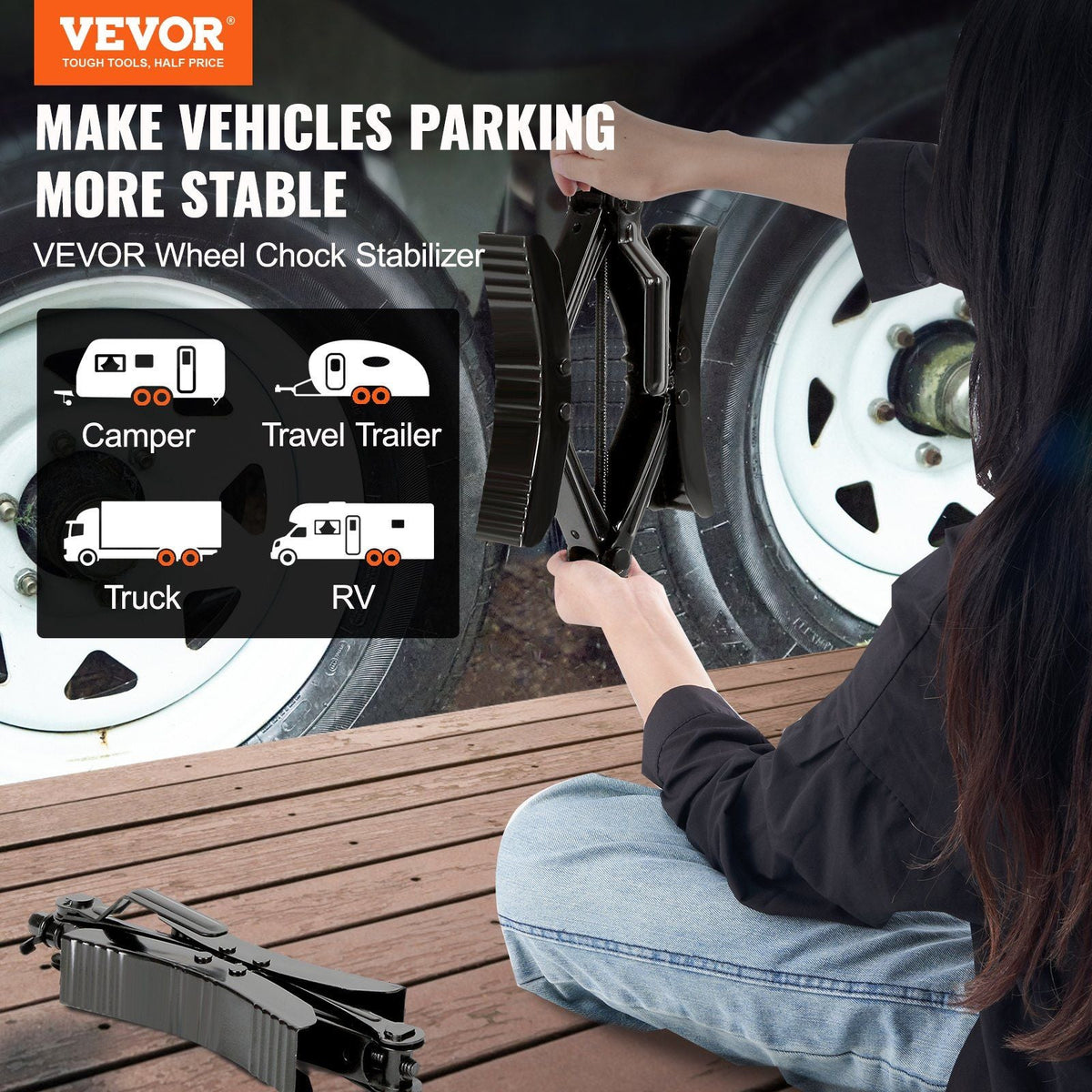Camper Wheel Chock Stabilizer, Heavy Duty H-shaped RV Tire Locking Chock, Built-in Wrench Fit for 3.5" to 12" Tire Space, 2 Sets of Camper Wheel Chocks with Ratchet Wrench for RV Travel Trailer