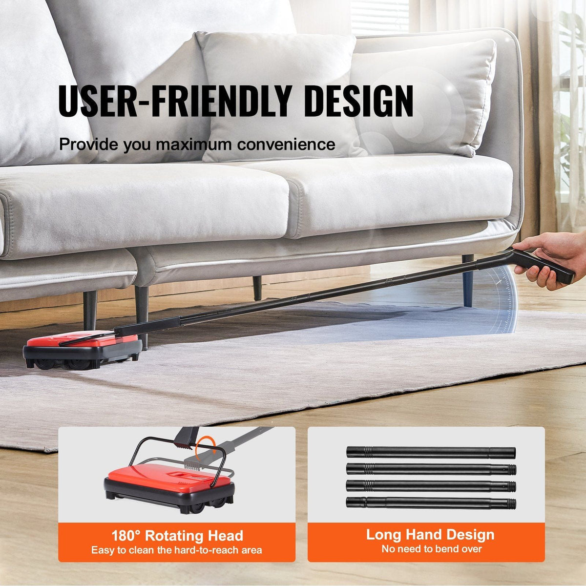 Carpet Sweeper, 6.7 in Sweeping Paths, Floor Sweeper Manual Non Electric, 300 ml Dustbin Capacity with Comb for Home Office Rugs Hardwood Surfaces Wood Floors Laminate, Cleans Dust Pet Hair