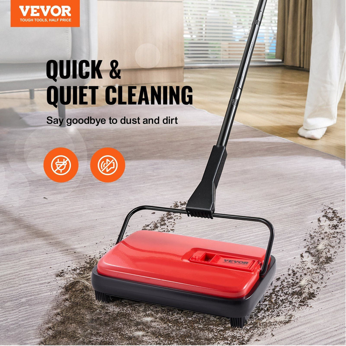 Carpet Sweeper, 6.7 in Sweeping Paths, Floor Sweeper Manual Non Electric, 300 ml Dustbin Capacity with Comb for Home Office Rugs Hardwood Surfaces Wood Floors Laminate, Cleans Dust Pet Hair