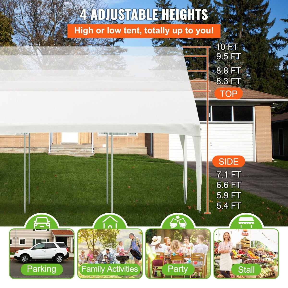 Carport Canopy Car Shelter Tent 10 x 20ft for Auto Boats with 8 Legs White