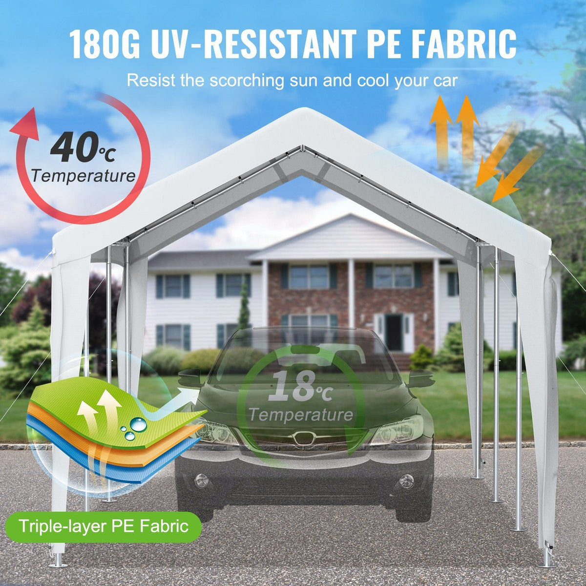 Carport Canopy Car Shelter Tent 10 x 20ft for Auto Boats with 8 Legs White
