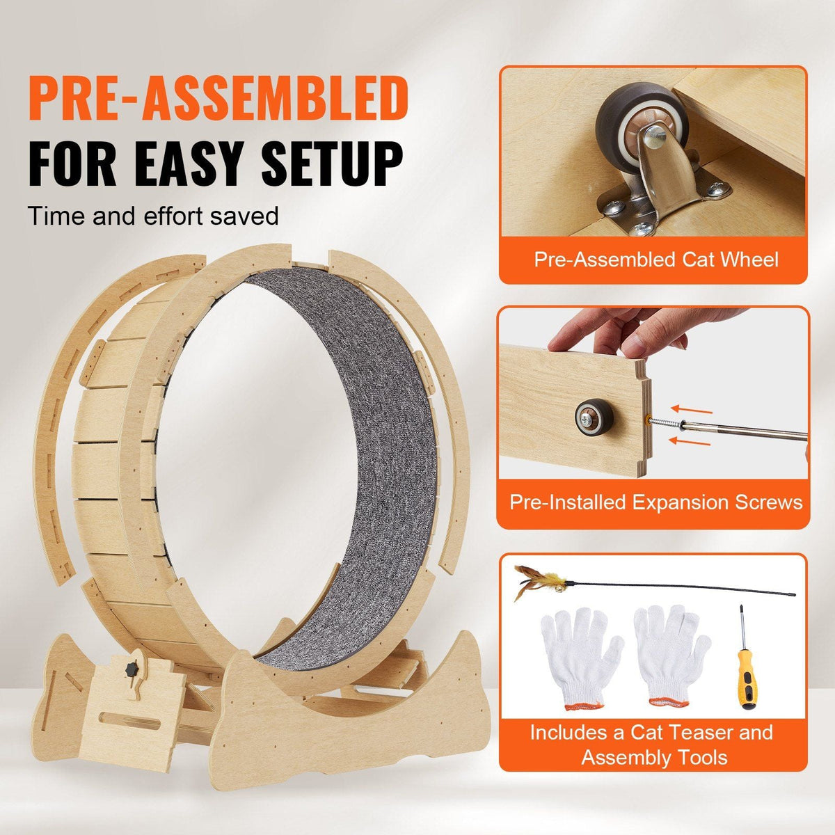 Cat Exercise Wheel, Large Cat Treadmill Wheel for Indoor Cats, 29.5 inch Cat Running Wheel with Detachable Carpet and Cat Teaser for Running/Walking/Training, Suitable for Most Cats