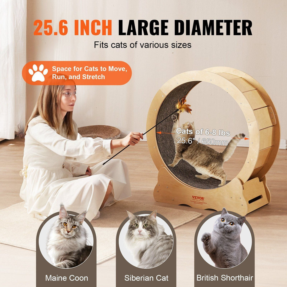 Cat Exercise Wheel, Large Cat Treadmill Wheel for Indoor Cats, 29.5 inch Cat Running Wheel with Detachable Carpet and Cat Teaser for Running/Walking/Training, Suitable for Most Cats