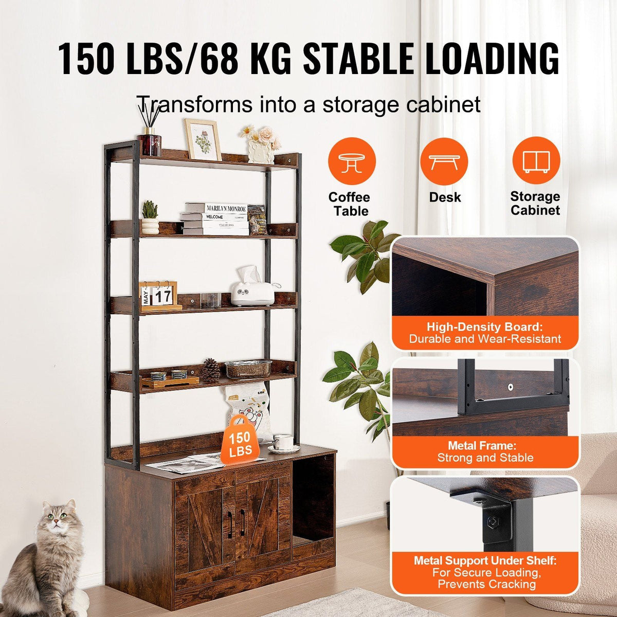 Cat Litter Box Enclosure Wooden Litter Box Furniture Hidden with 4 Shelves
