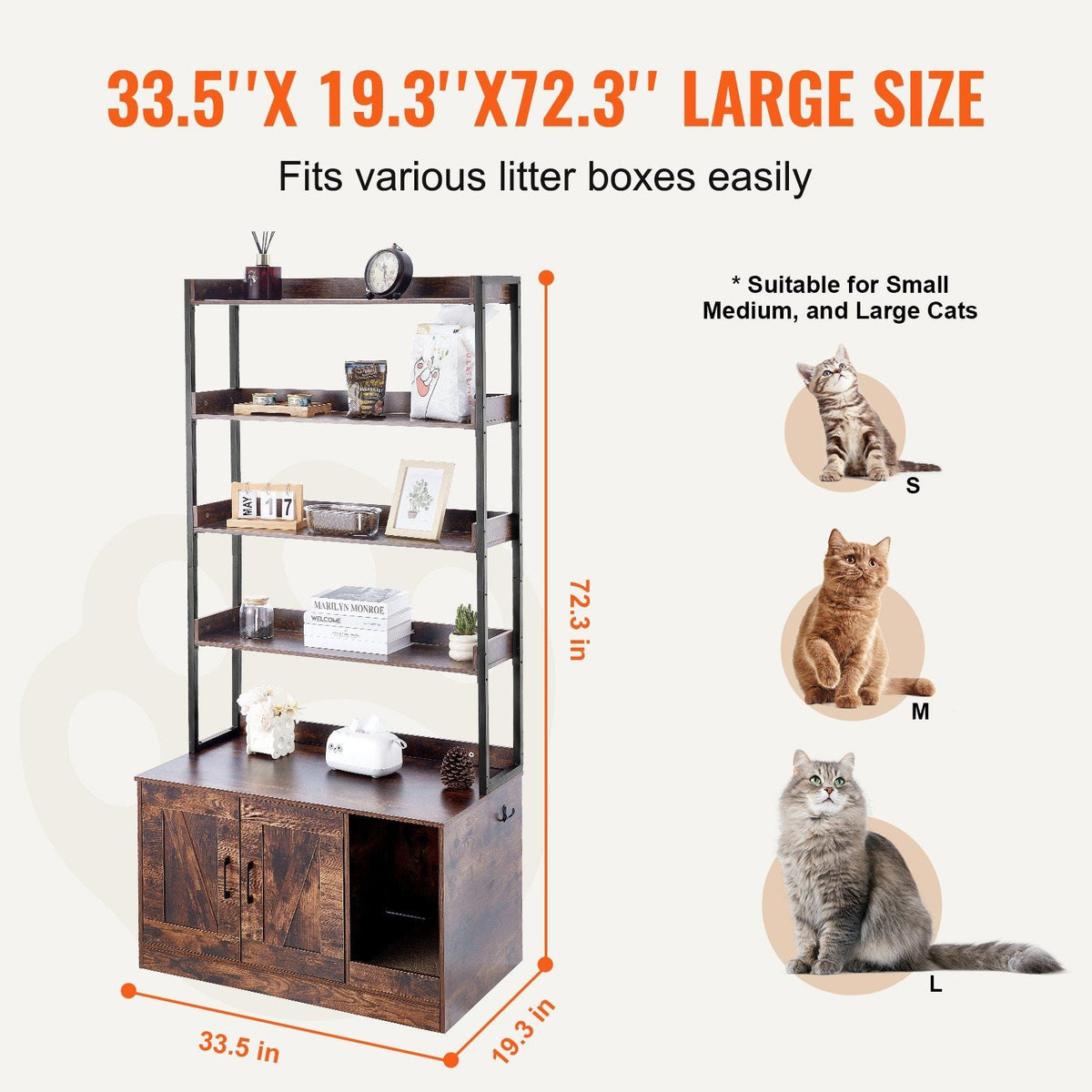Cat Litter Box Enclosure Wooden Litter Box Furniture Hidden with 4 Shelves