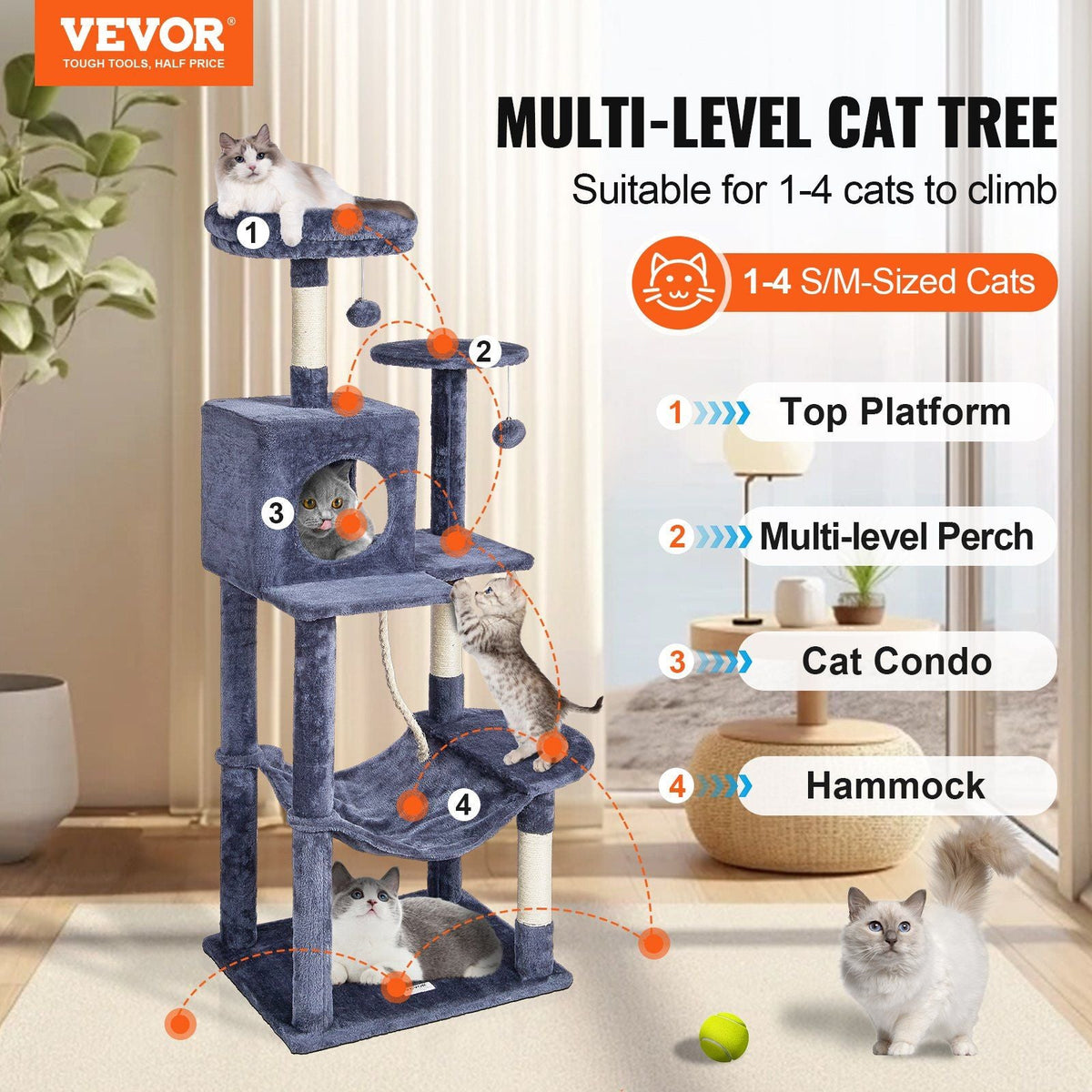 Cat Tree 56.2" Cat Tower with Cat Condo Sisal Scratching Post Dark Grey