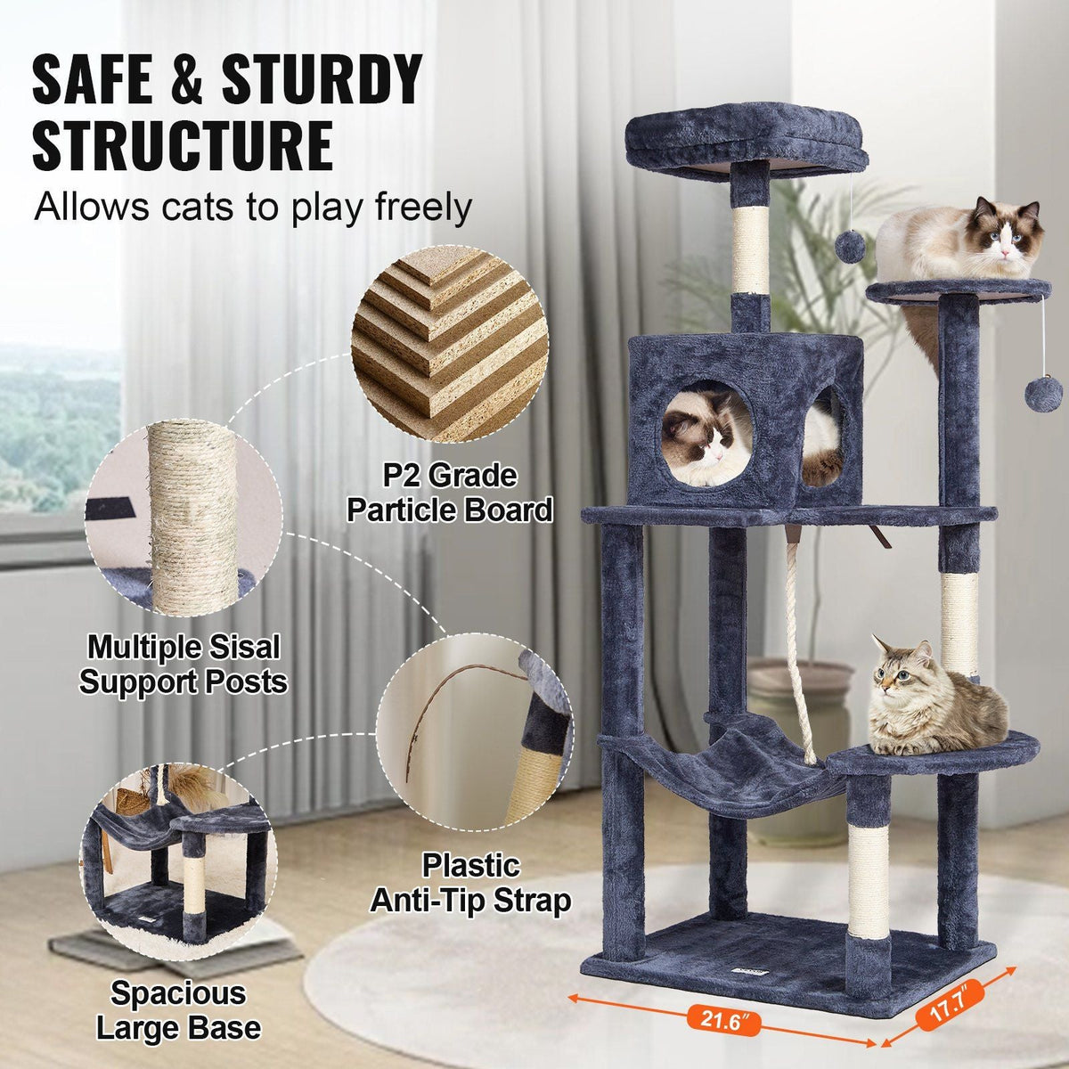 Cat Tree 56.2" Cat Tower with Cat Condo Sisal Scratching Post Dark Grey