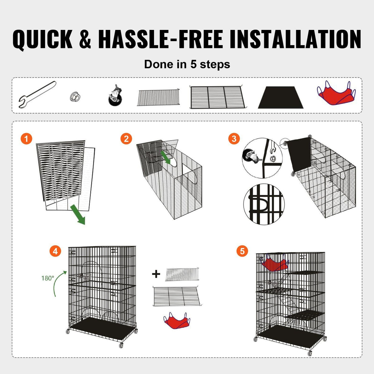Catio, 4-Tier Large Cat Cages Indoor, Detachable Metal Playpen Enclosure with 360° Rotating Casters, with 3 Ladders and a Hammock for 1-3 Cats, 35.4x23.6x51 inch