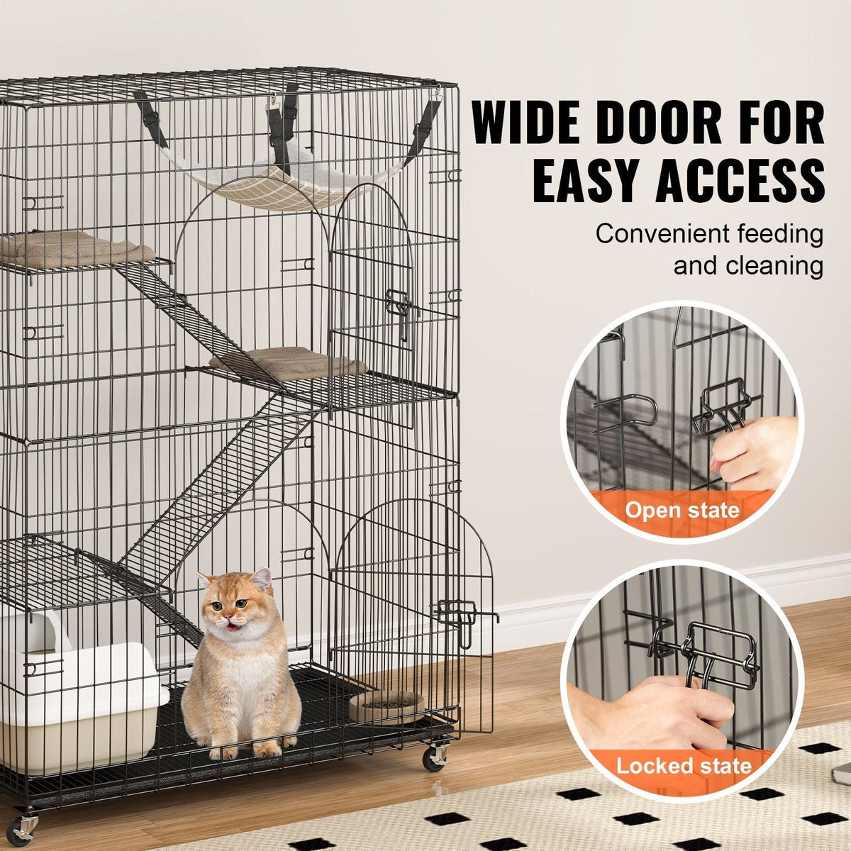 Catio, 4-Tier Large Cat Cages Indoor, Detachable Metal Playpen Enclosure with 360° Rotating Casters, with 3 Ladders and a Hammock for 1-3 Cats, 35.4x23.6x51 inch