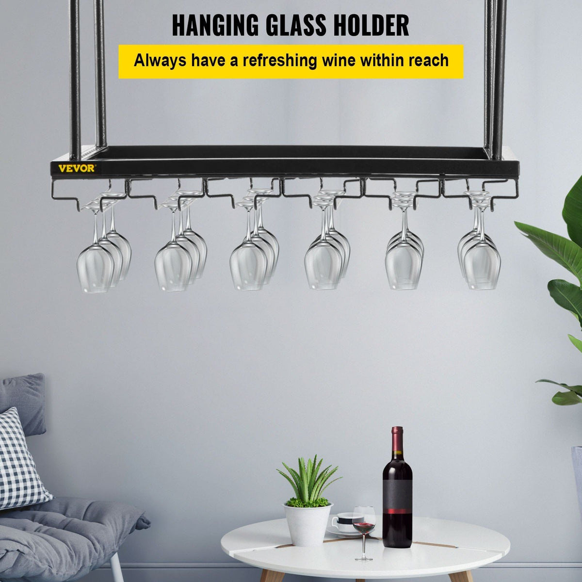 Ceiling Wine Glass Rack, 23.6 x 13.8 inch Hanging Wine Glass Rack, 18.9-35.8 inch Height Adjustable Hanging Wine Rack Cabinet, Black Wall-Mounted Wine Glass Rack Perfect for Bar Cafe Kitchen
