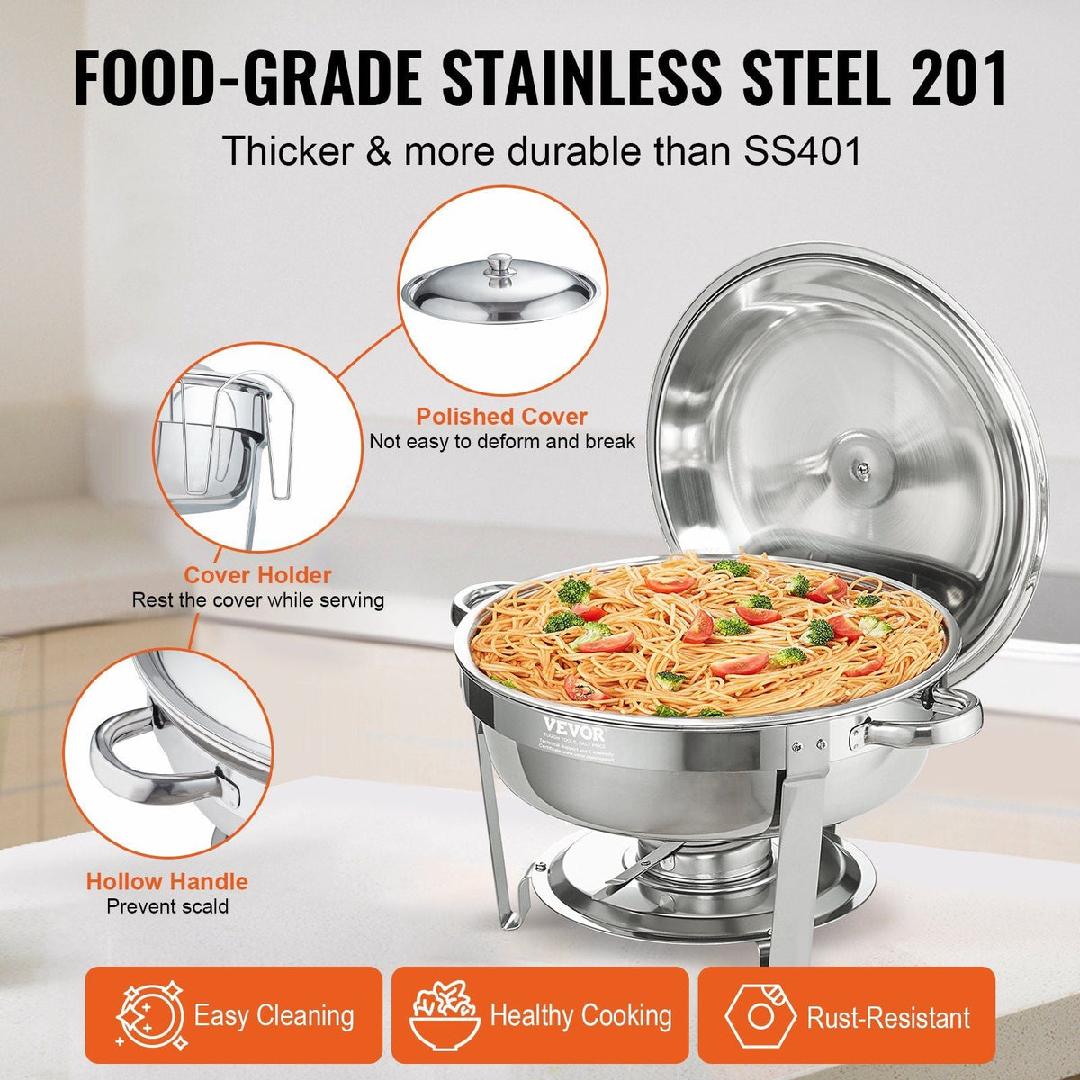 Chafing Dish Buffet Set, 6 Qt 4 Pack, Stainless Steel Chafer with Full Size Pan, Round Catering Warmer Server with Lid Water Pan Stand Fuel Holder Cover Holder Spoon, for at Least 6 People Each