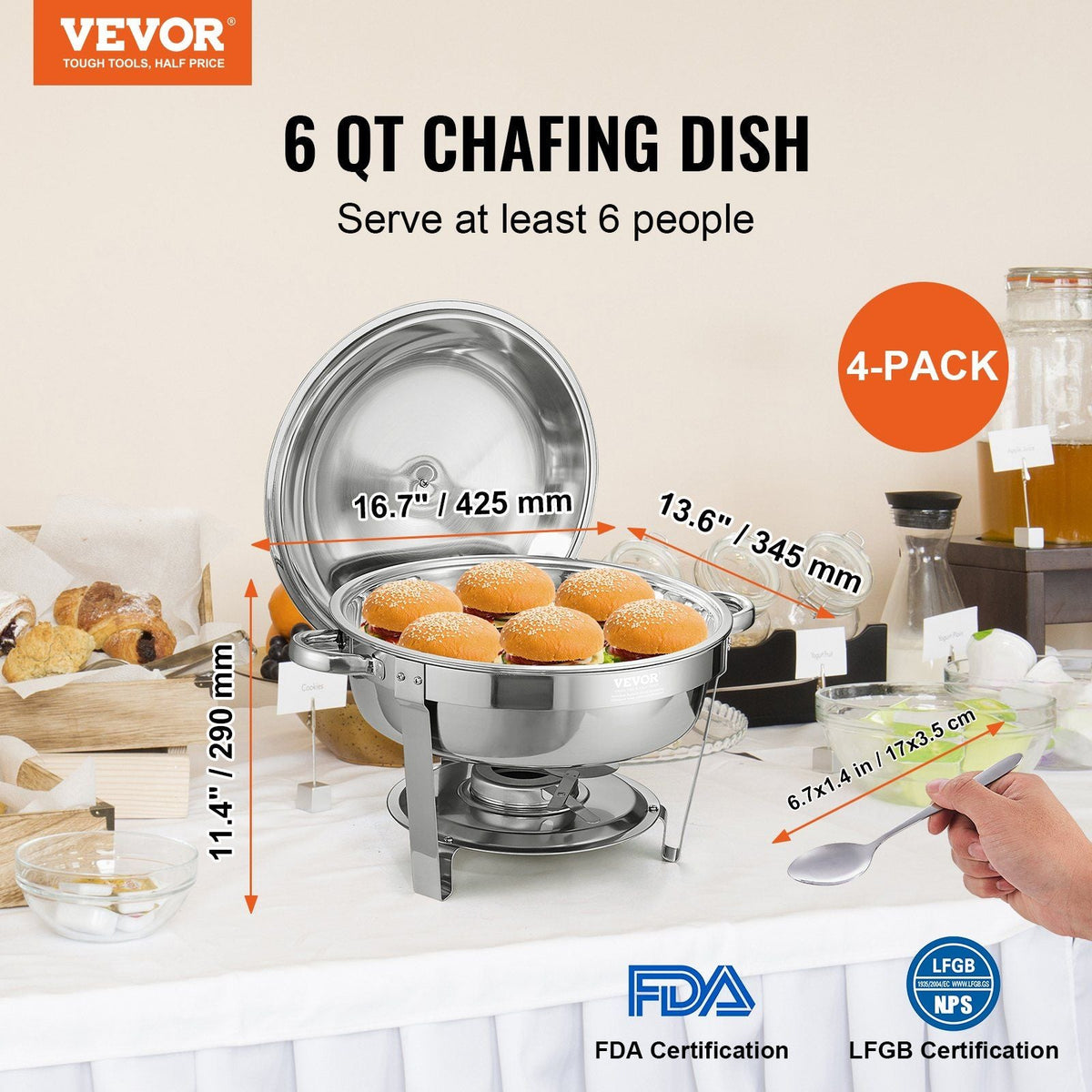 Chafing Dish Buffet Set, 6 Qt 4 Pack, Stainless Steel Chafer with Full Size Pan, Round Catering Warmer Server with Lid Water Pan Stand Fuel Holder Cover Holder Spoon, for at Least 6 People Each