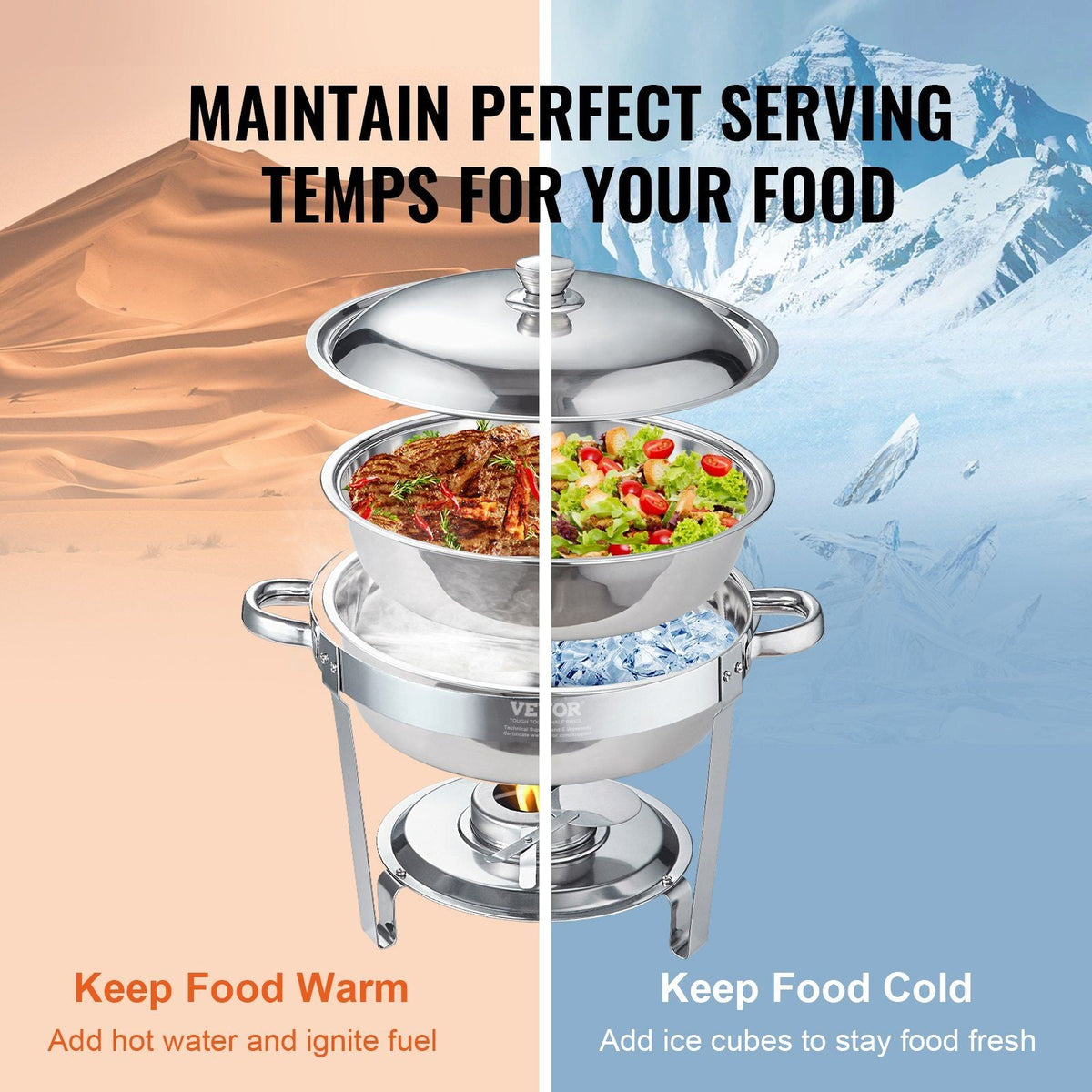 Chafing Dish Buffet Set, 6 Qt 4 Pack, Stainless Steel Chafer with Full Size Pan, Round Catering Warmer Server with Lid Water Pan Stand Fuel Holder Cover Holder Spoon, for at Least 6 People Each
