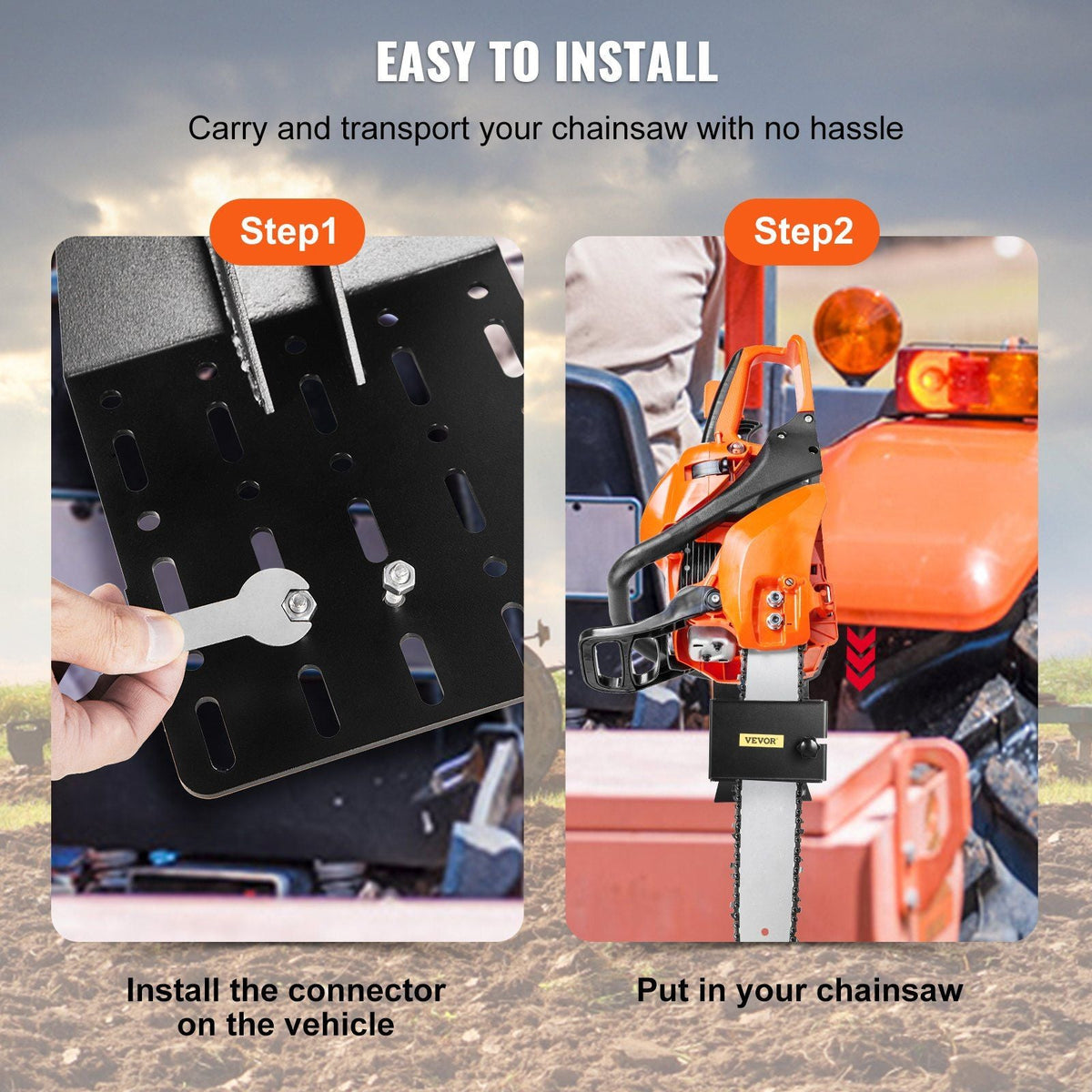 Chainsaw Holder, Powder Coated Steel Chain, Tool Mount Accessories with U-Shape Bolts, Universal Saw Press Carrier Kit for ATVs, UTVs, Tractors, Trucks, Utility Vehicles, Black