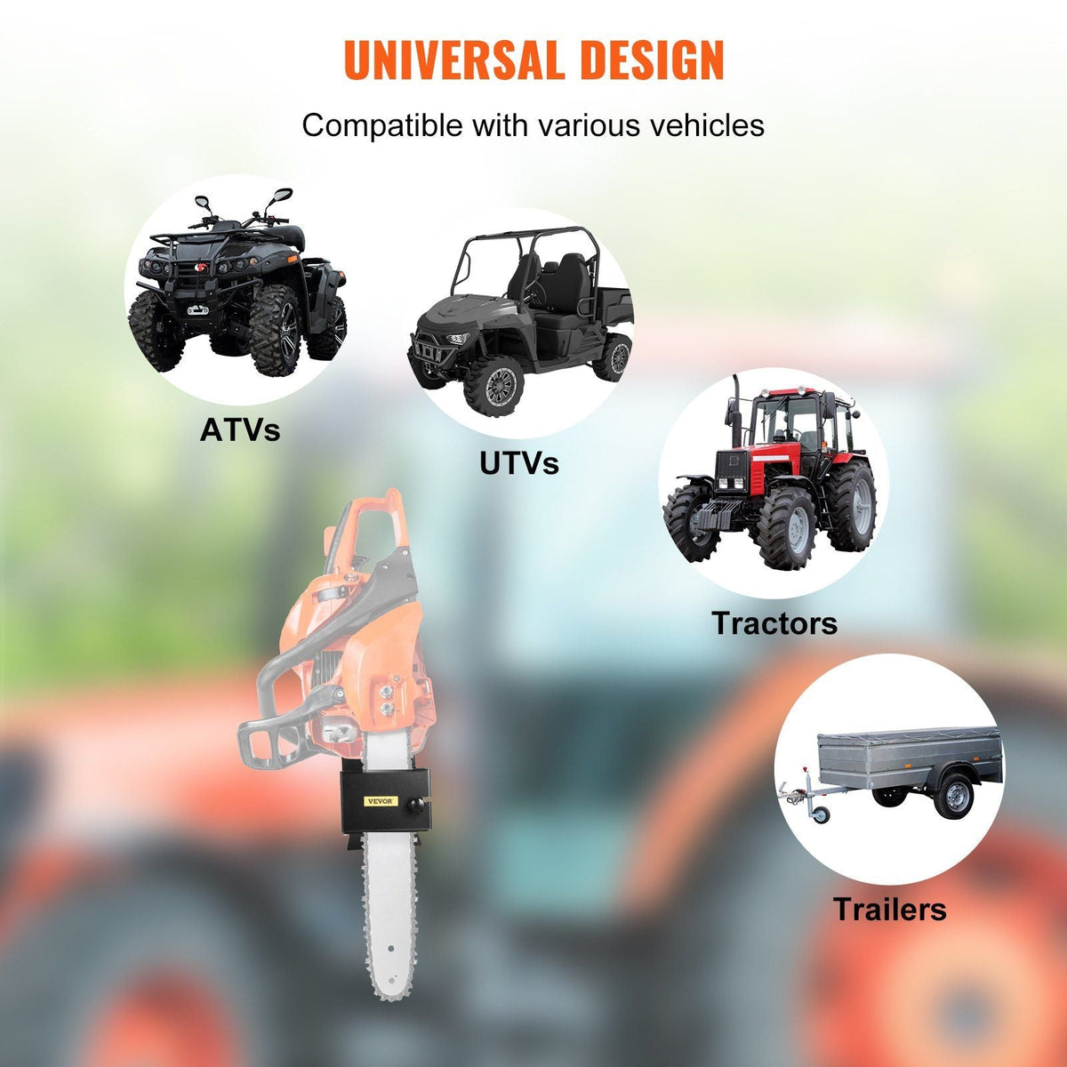 Chainsaw Holder, Powder Coated Steel Chain, Tool Mount Accessories with U-Shape Bolts, Universal Saw Press Carrier Kit for ATVs, UTVs, Tractors, Trucks, Utility Vehicles, Black