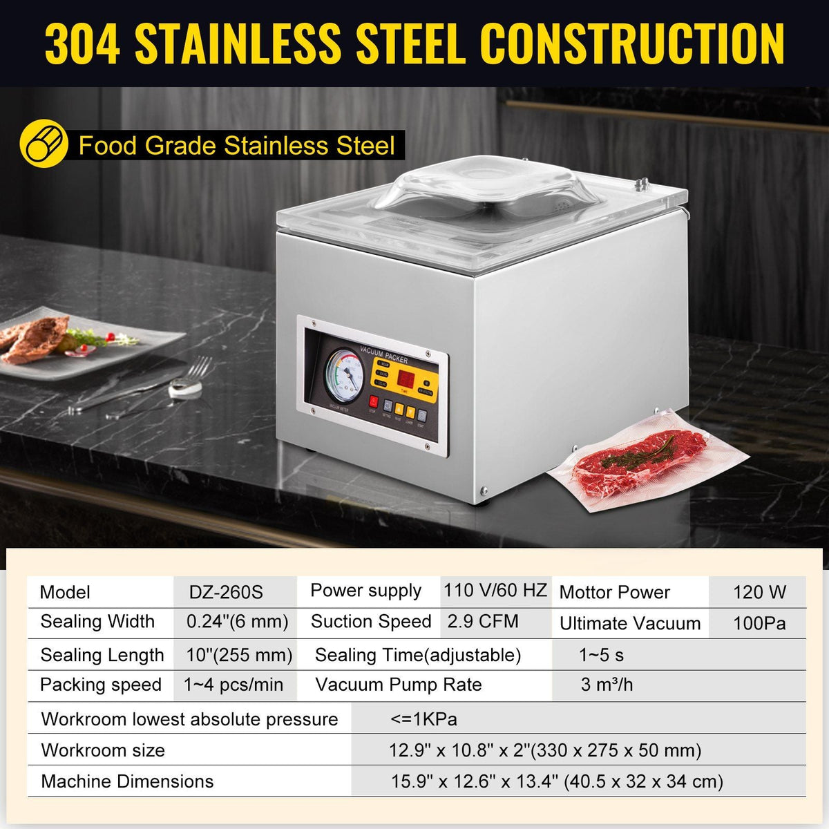Chamber Vacuum Sealer Machine DZ 260S Commercial Kitchen Food Chamber Vacuum Sealer, 110V Packaging Machine Sealer for Food Saver, Home, Commercial Using