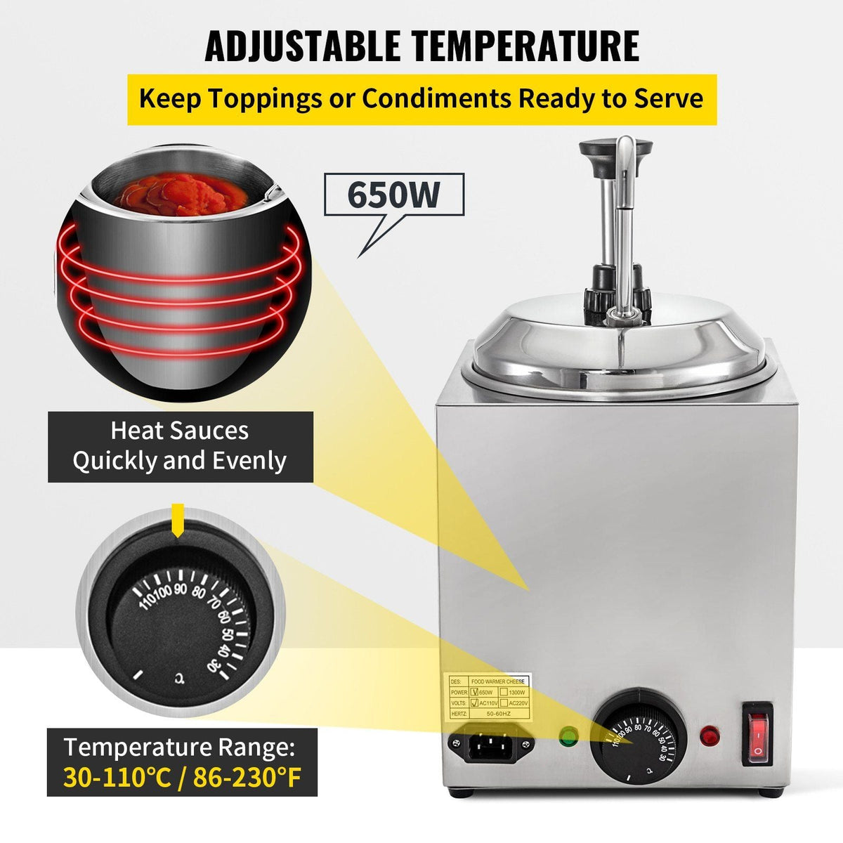 Cheese Dispenser with Pump, 2.6Qt Capacity Nacho Cheese Warmer with Pump, 650W Hot Fudge Warmer, Stainless Steel Hot Cheese Dispenser for Hot Fudge Cheese Caramel