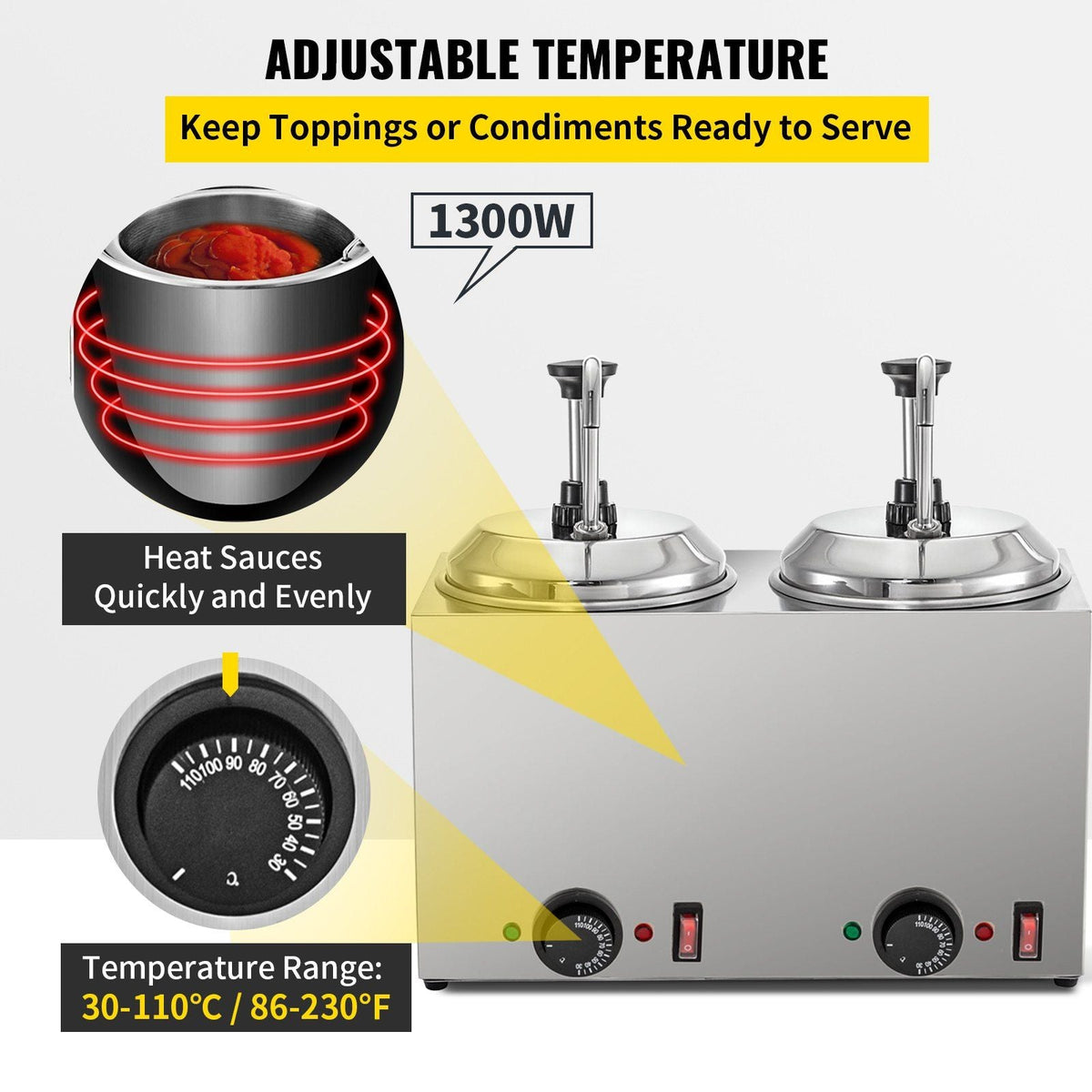 Cheese Dispenser with Pump 5.28 Qt Capacity Hot Cheese Warmer 1300W Hot Fudge Warmer with Pump Single Head Fudge Warmer with Temperature Control for Hot Fudge Fudge Cheese Caramel