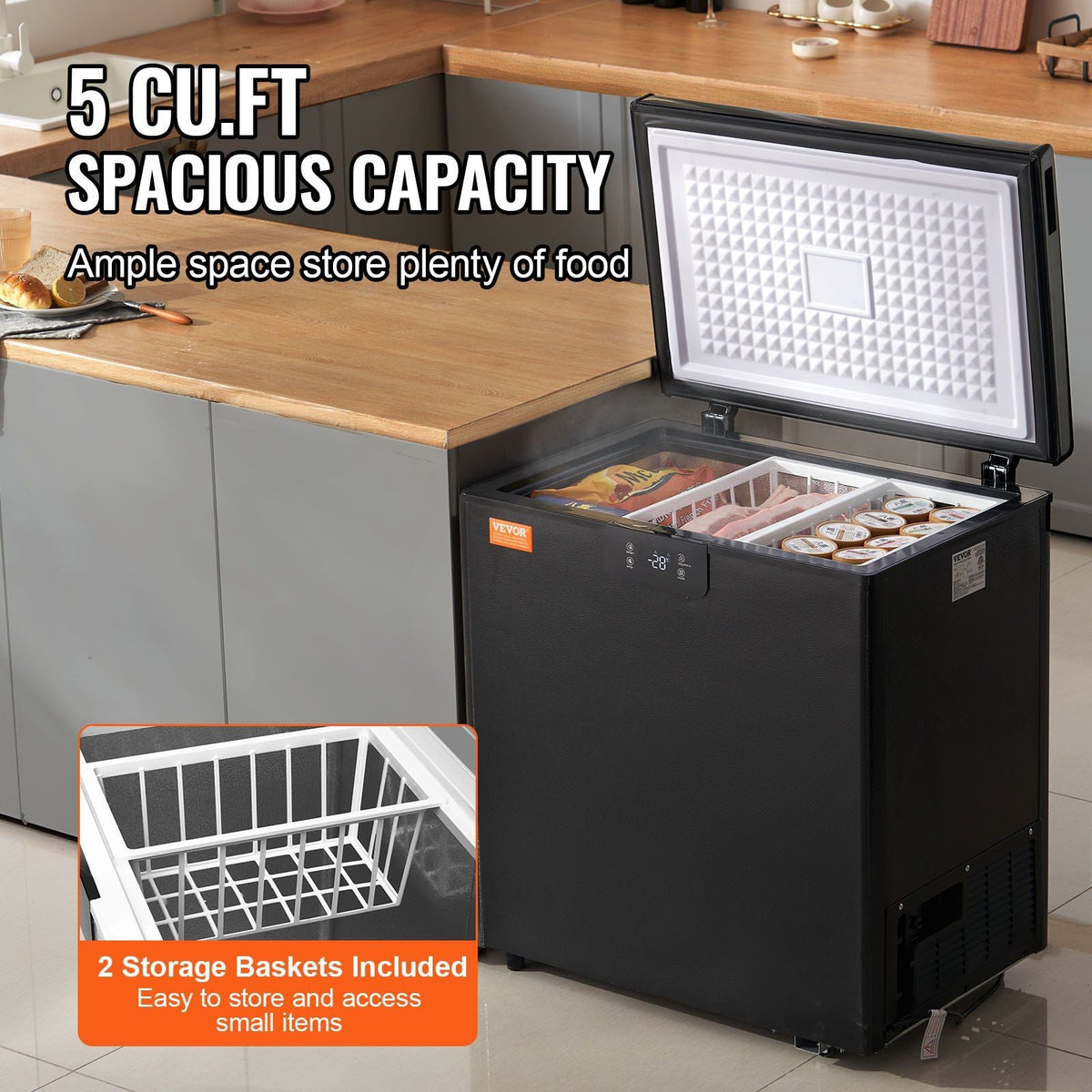 Chest Freezer, 5 Cu.ft / 142 L Compact Deep Freezer, Free Standing Top Open Door Compact Freezers with 2 Removable Baskets & Adjustable Thermostat, Energy Saving & Low Noise, Black