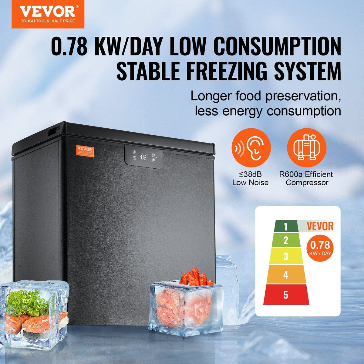 Chest Freezer, 5 Cu.ft / 142 L Compact Deep Freezer, Free Standing Top Open Door Compact Freezers with 2 Removable Baskets & Adjustable Thermostat, Energy Saving & Low Noise, Black