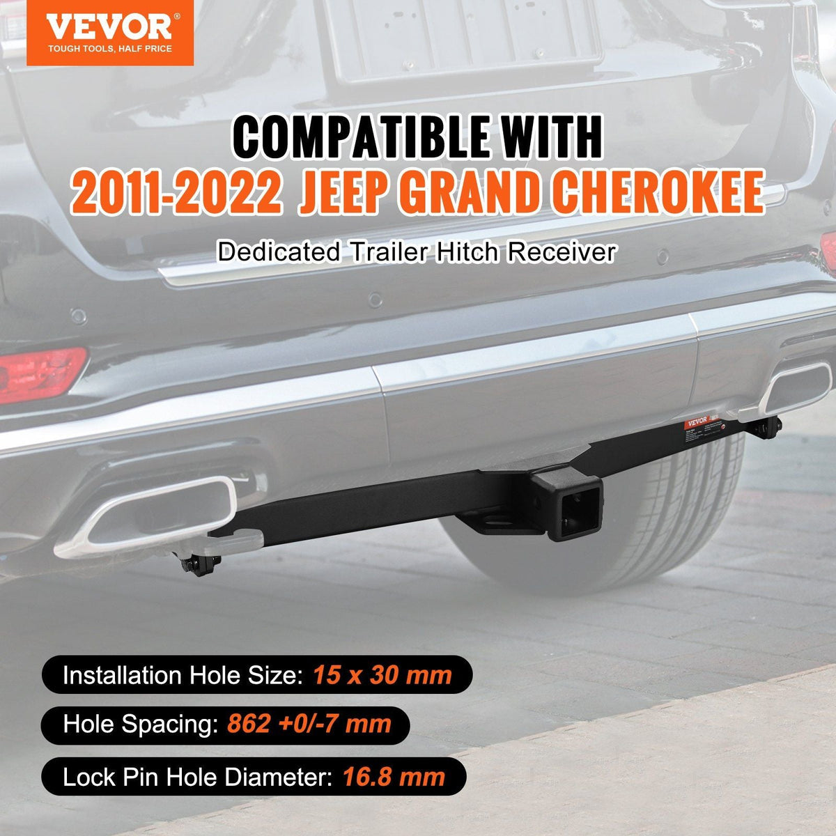 Class 3 Trailer Hitch, 2-Inch Receiver, Q455B Steel Tube Frame, Compatible with 2011-2022 Jeep Grand Cherokee, Multi-Fit Hitch to Receive Ball Mount, Cargo Carrier, Bike Rack, Tow Hook, Black
