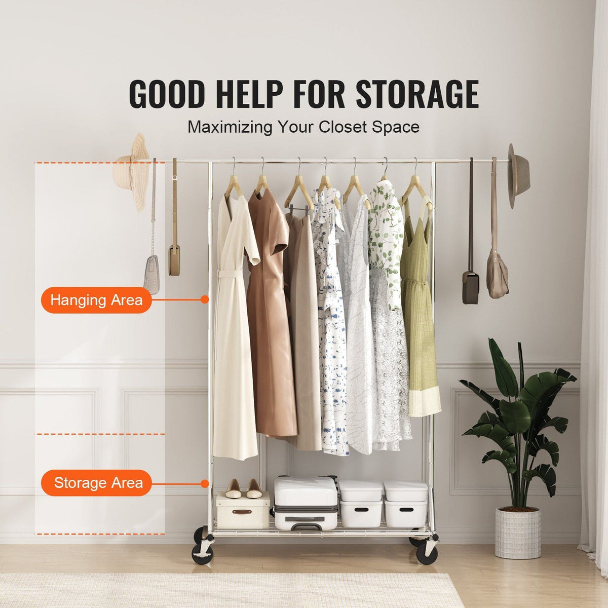 Clothes Rack with Wheels, Heavy Duty Clothing Garment Rack, Commercial Clothing Rack for Hanging Clothes with Bottom Storage Area, 450 lbs Load Capacity, Adjustable Height and Extendable Length