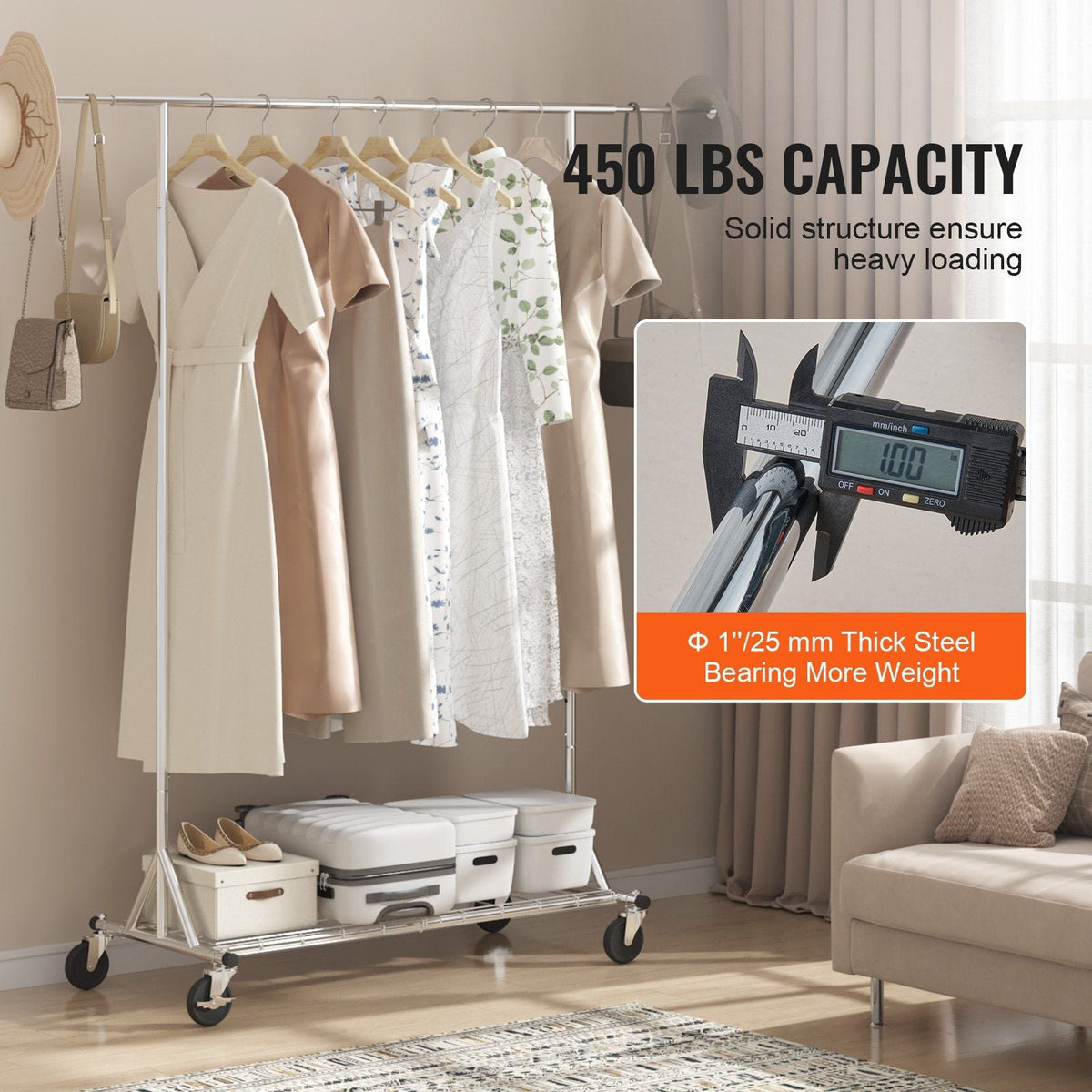 Clothes Rack with Wheels, Heavy Duty Clothing Garment Rack, Commercial Clothing Rack for Hanging Clothes with Bottom Storage Area, 450 lbs Load Capacity, Adjustable Height and Extendable Length