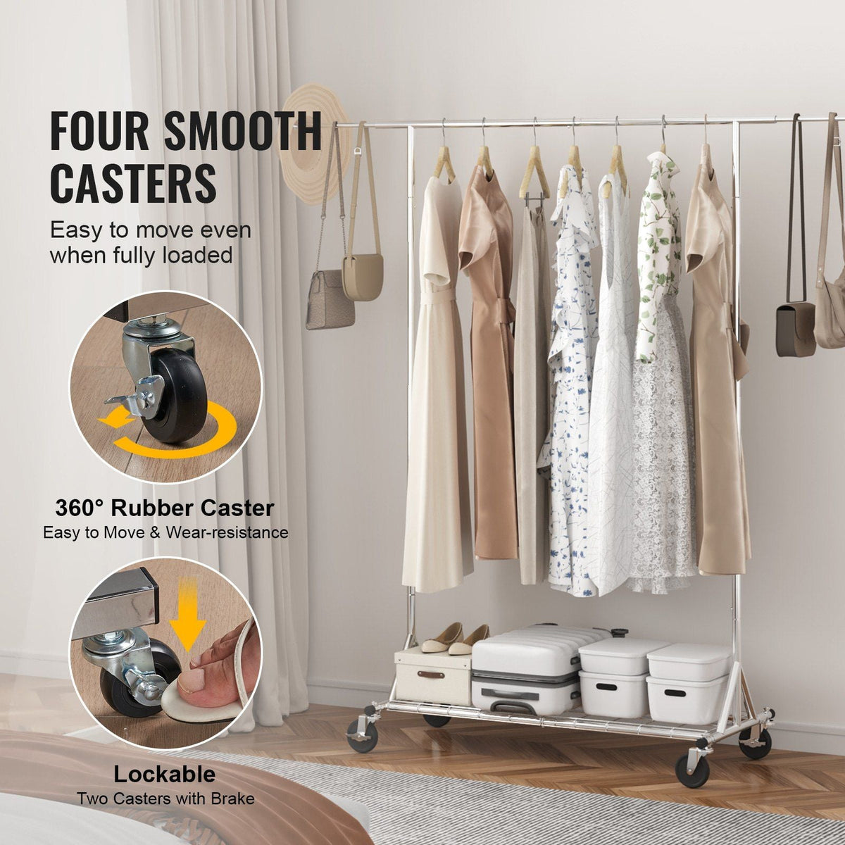 Clothes Rack with Wheels, Heavy Duty Clothing Garment Rack, Commercial Clothing Rack for Hanging Clothes with Bottom Storage Area, 450 lbs Load Capacity, Adjustable Height and Extendable Length