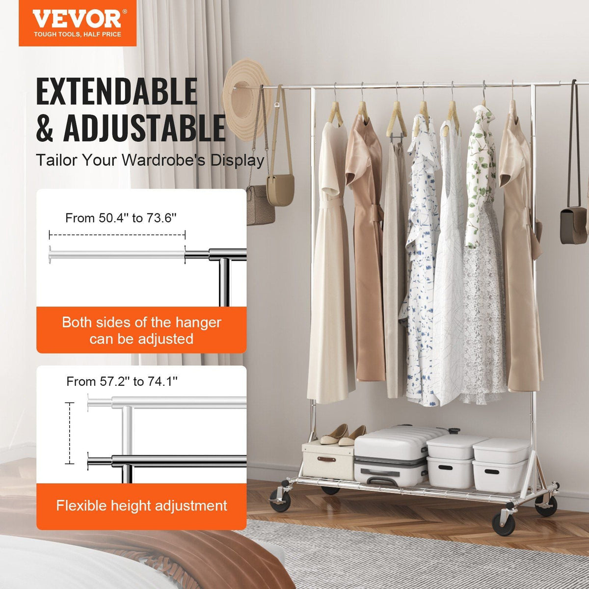 Clothes Rack with Wheels, Heavy Duty Clothing Garment Rack, Commercial Clothing Rack for Hanging Clothes with Bottom Storage Area, 450 lbs Load Capacity, Adjustable Height and Extendable Length