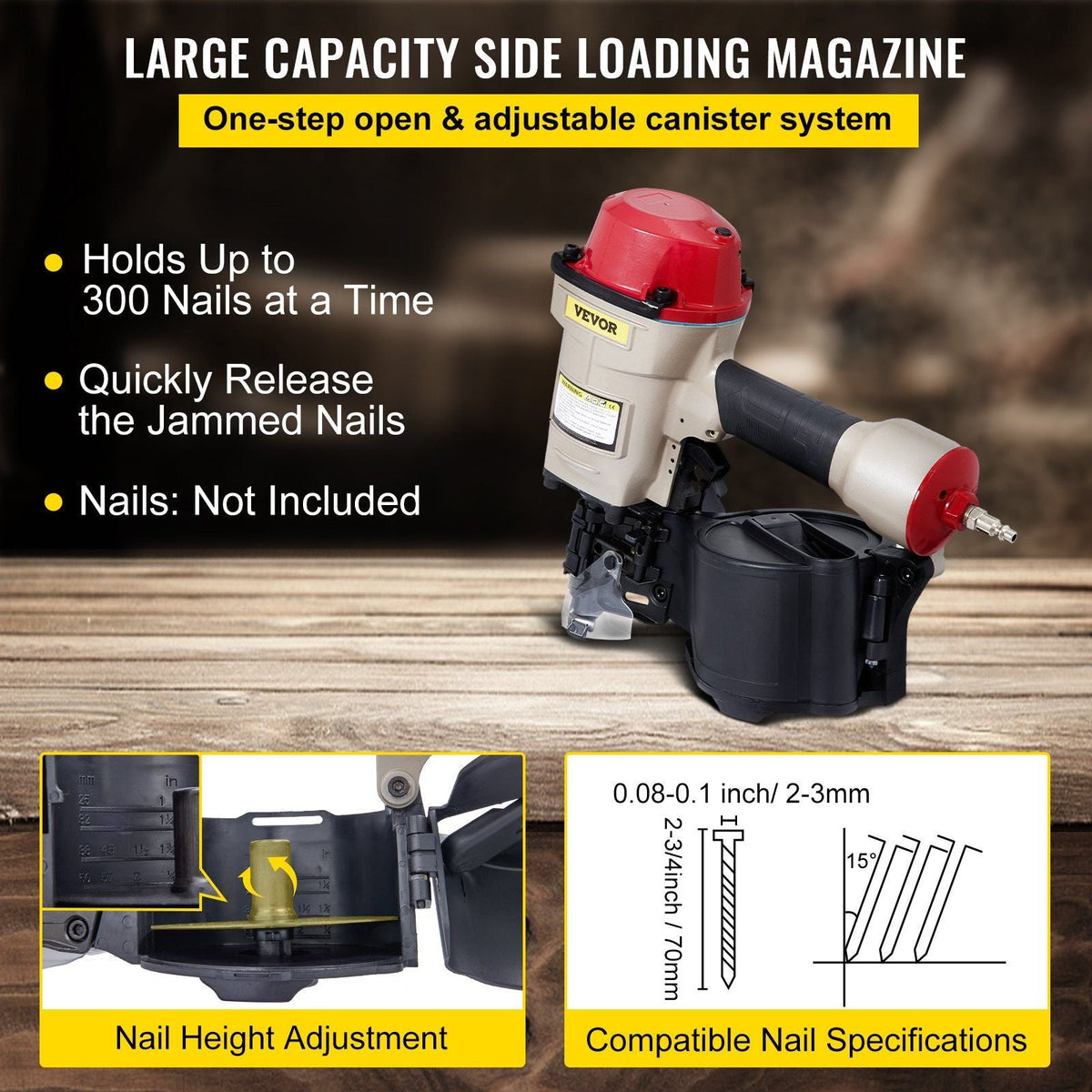 Coil Siding Nailer CN70, 1-3/4-inch to 2-3/4-inch 15 Degree Pneumatic Siding Nail Gun for Siding Sheathing Wooding Fencing Decking