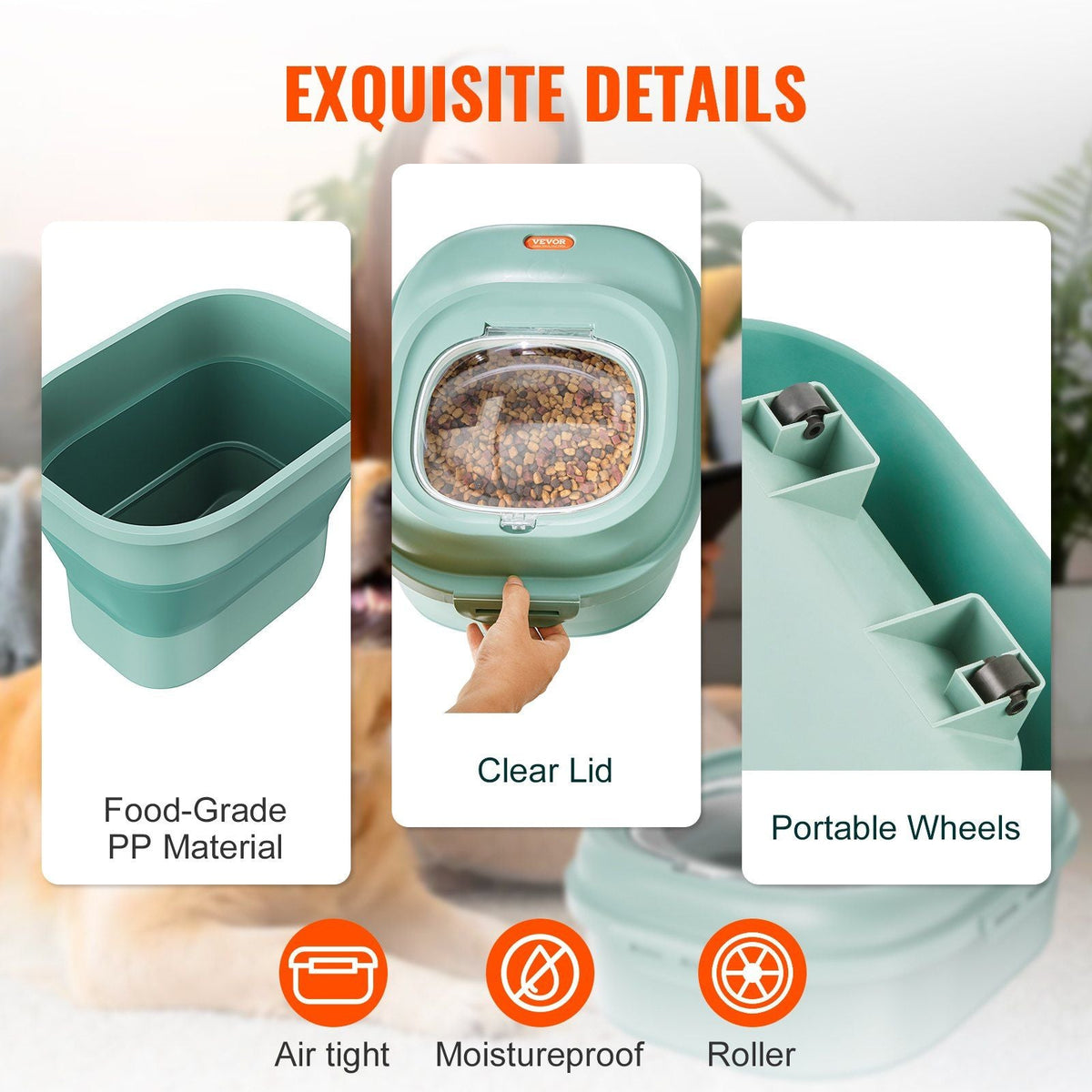 Collapsible Dog Food Storage Container, 50 lbs Capacity Large Dispenser Bin with Attachable Casters, Airtight Lid Kitchen Rice Cereal Flour Bin, Pet food Containers For Cat, Bird, Other Pet Food