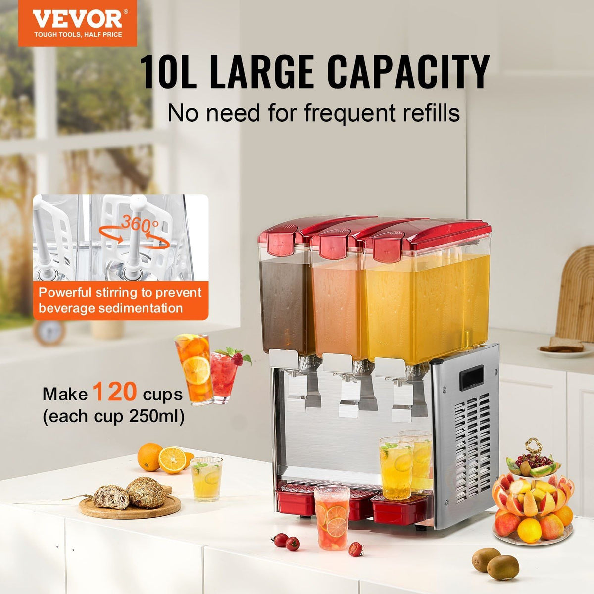 Commercial Beverage Dispenser 10L x 3 Tanks Cold Juice Ice Drink Dispenser