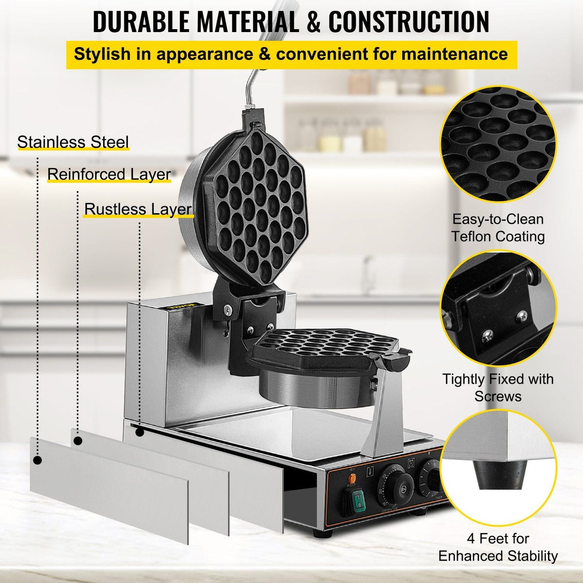 Commercial Bubble Waffle Maker, Hexagonal Mould, 1200W Egg Bubble Puff Iron w/ 360°Rotatable 2 Pans & Bent Handles, Stainless Steel Baker w/ Non-Stick Teflon Coating, 122-572°F Adjustable